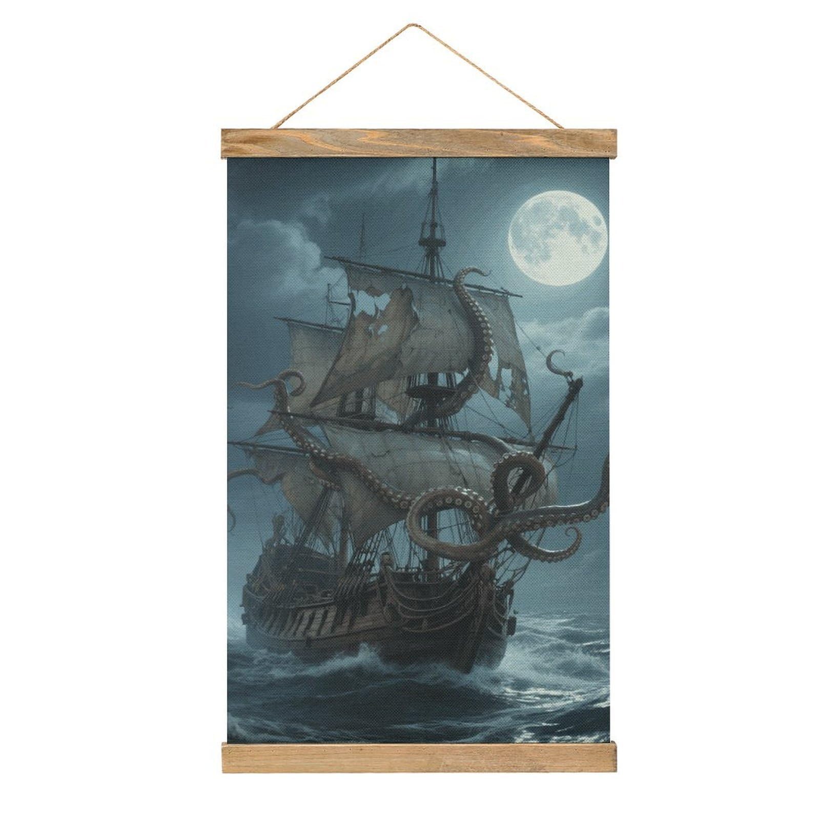 Fodpand Style Octopus Kraken Pirate Ship Ocean Wall Art 20.4"X13.1" - Linen Canvas Hanging Banner Poster With Wooden Frame, Pictures Artwork Wall Art Decor For Living Room Bedroom Office, Ready To Hang