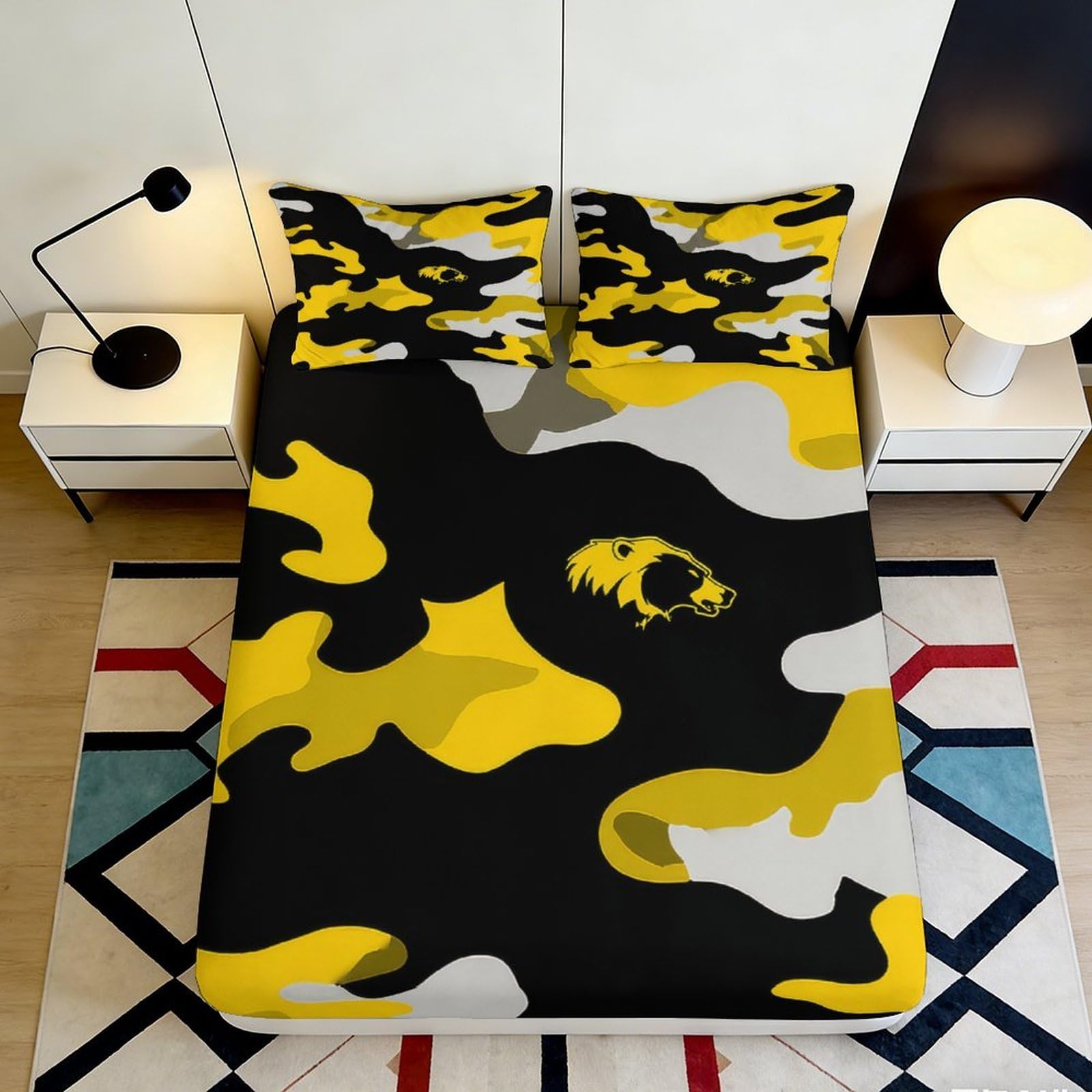 Decorative Yellow Camo Fitted Sheet 3D Printed Microfiber Soft Touch, Bed Sheet for Home Bedroom Guest Room, Wrinkle Resistant, Apartment Bedding, 113 chars 90x200x25cm
