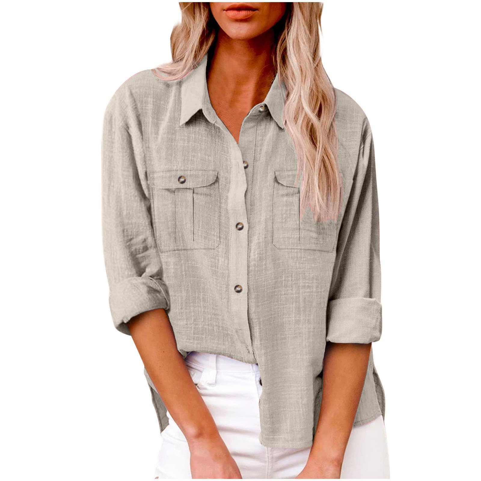 NUSGEAR Camisa de Manga Larga Mujer Algodón y Lino Blusa Camiseta Verano Moda Casual Color sólido Cómodo Suelto Cuello en V Botones Tops Bolsillo T-Shirt Basic tee Talla grande Oficina Ligero 2024