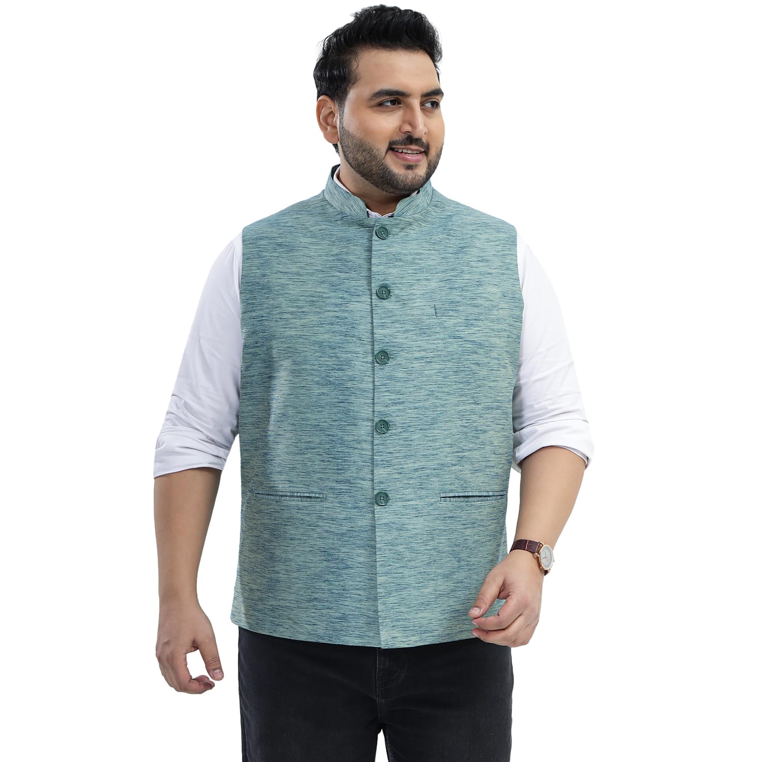 john pride Plus Size Men Regular Fit Self Design Cotton Blend Green Nehru Jacket (JPNJ7530_Green)-picture-31