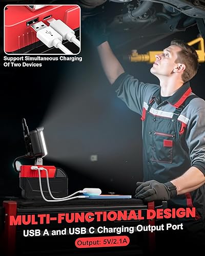Vista 13 de LIVOWALNY Luz de trabajo LED de 30 W compatible con batería Milwaukee, linterna portátil de 3000 lúmenes, cabezal ajustable de 140° con puerto