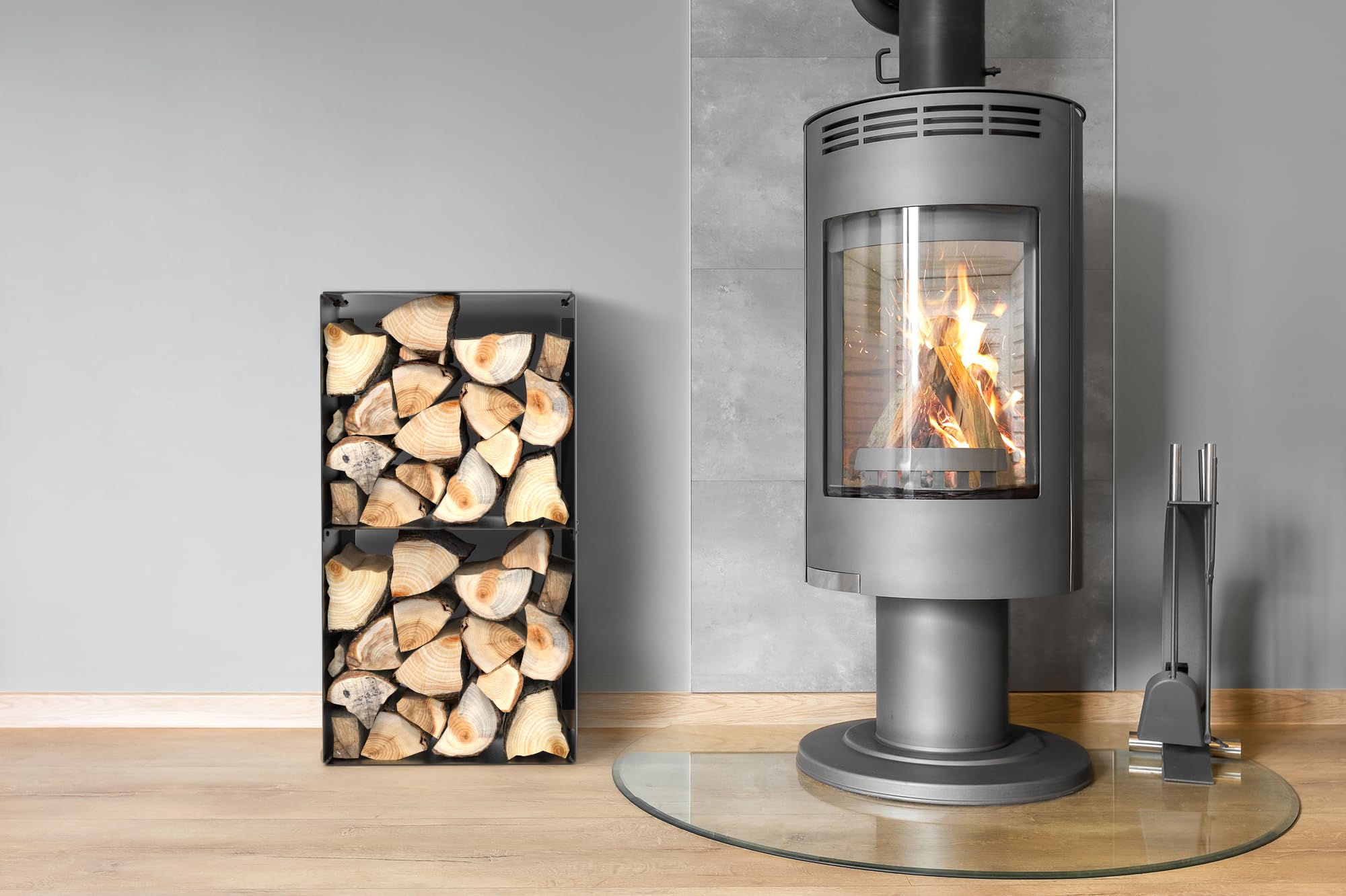 teileplus24 BHS7 Kaminholzregal Innen Außen | Brennholzregal Metall | Kaminholzkorb | Industrial Look | Wandmontage | Freistehend, Modell:Schwarz