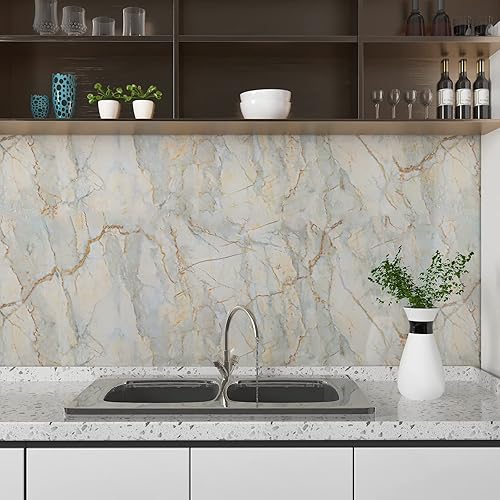 Miniatura 7 de Papel adhesivo de mármol brillante para encimeras, papel tapiz de mármol extraíble impermeable para paredes, película de vinilo grueso, papel de