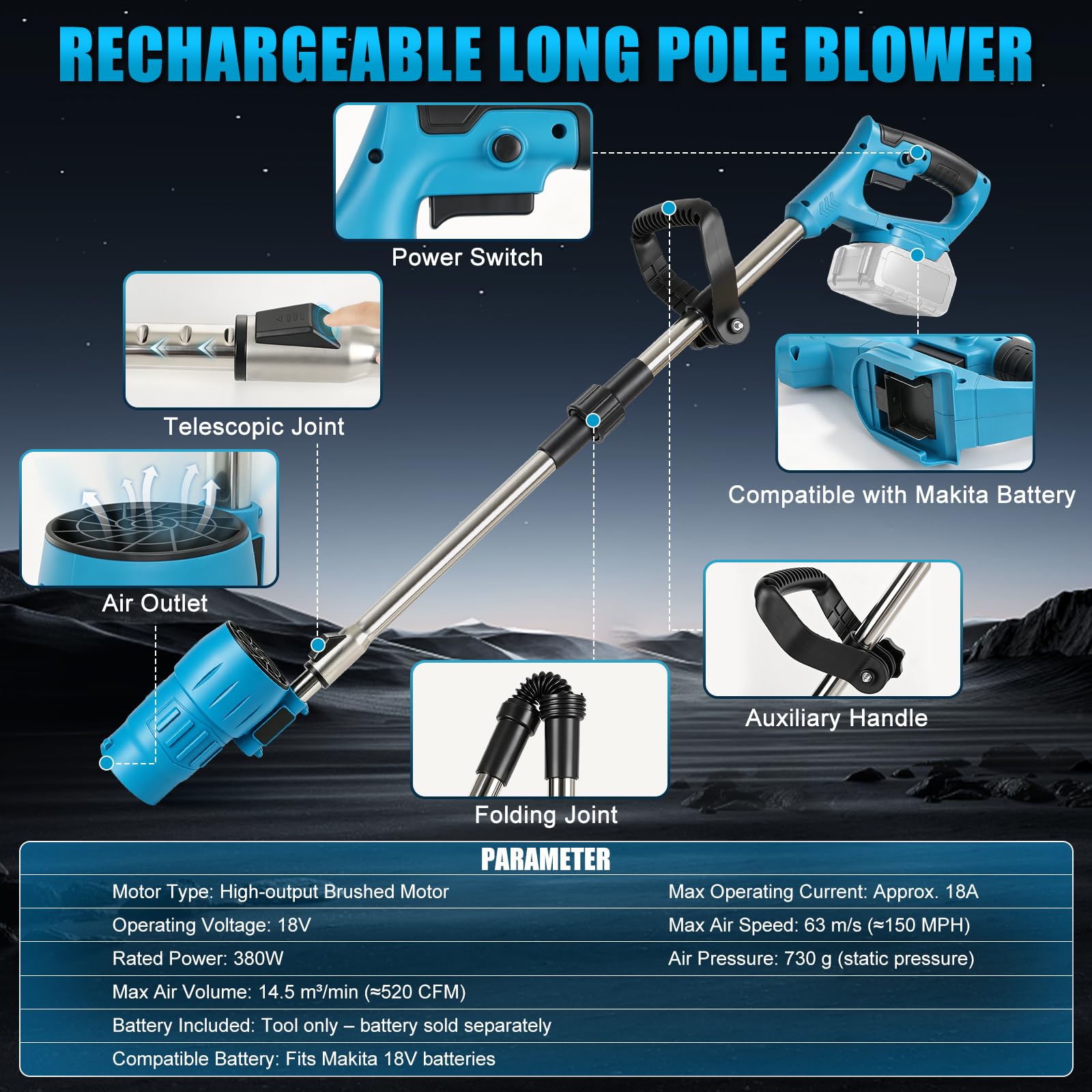 Soffiatore per foglie a batteria compatibile con Makita 18V | Velocità aria 63 m/s, Pressione 750 g, per Foglie, Neve, Polvere e Detriti