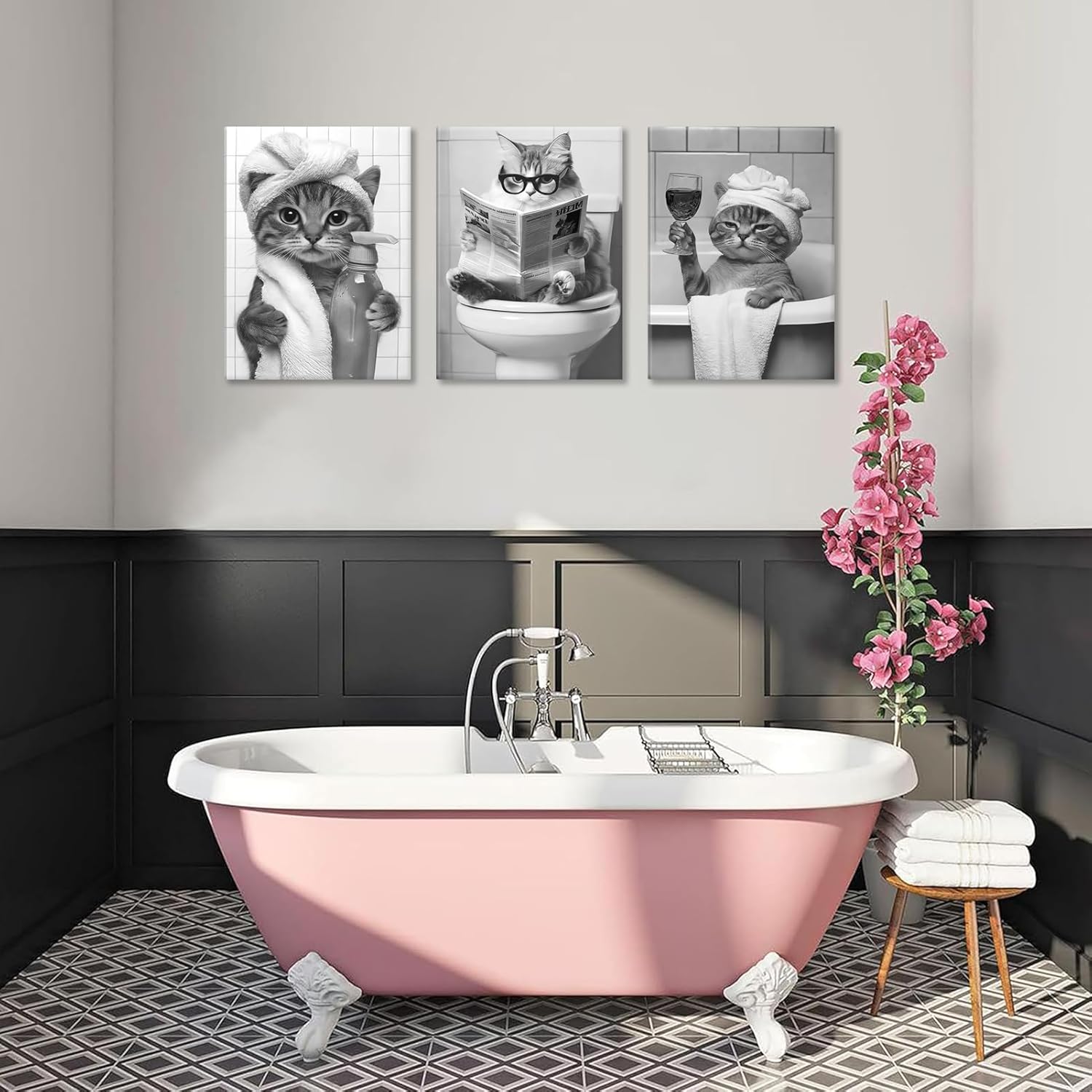 ZUGHRERF Black and White Cat Bathroom Canvas Wall Art Funny Cute Animal Poster Prints Artwork Pictures Humor Animals Paintings for Lavatory Restroom Toilet Home Decor 16x24 inch (canvas) - Image 3