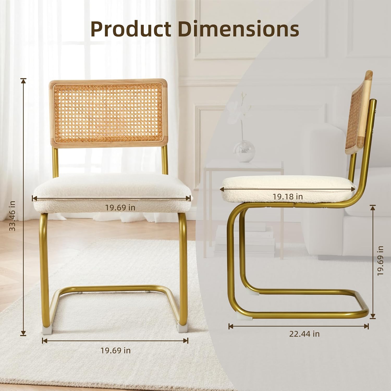 CangLong Rattan Dining Chairs Set of 2, Modern Kitchen Chairs with Natural Mesh Rattan Backrest & Solid Thick Metal Legs, Upholstered Fleece Armless Side Chairs for Living Room, Study, Cream