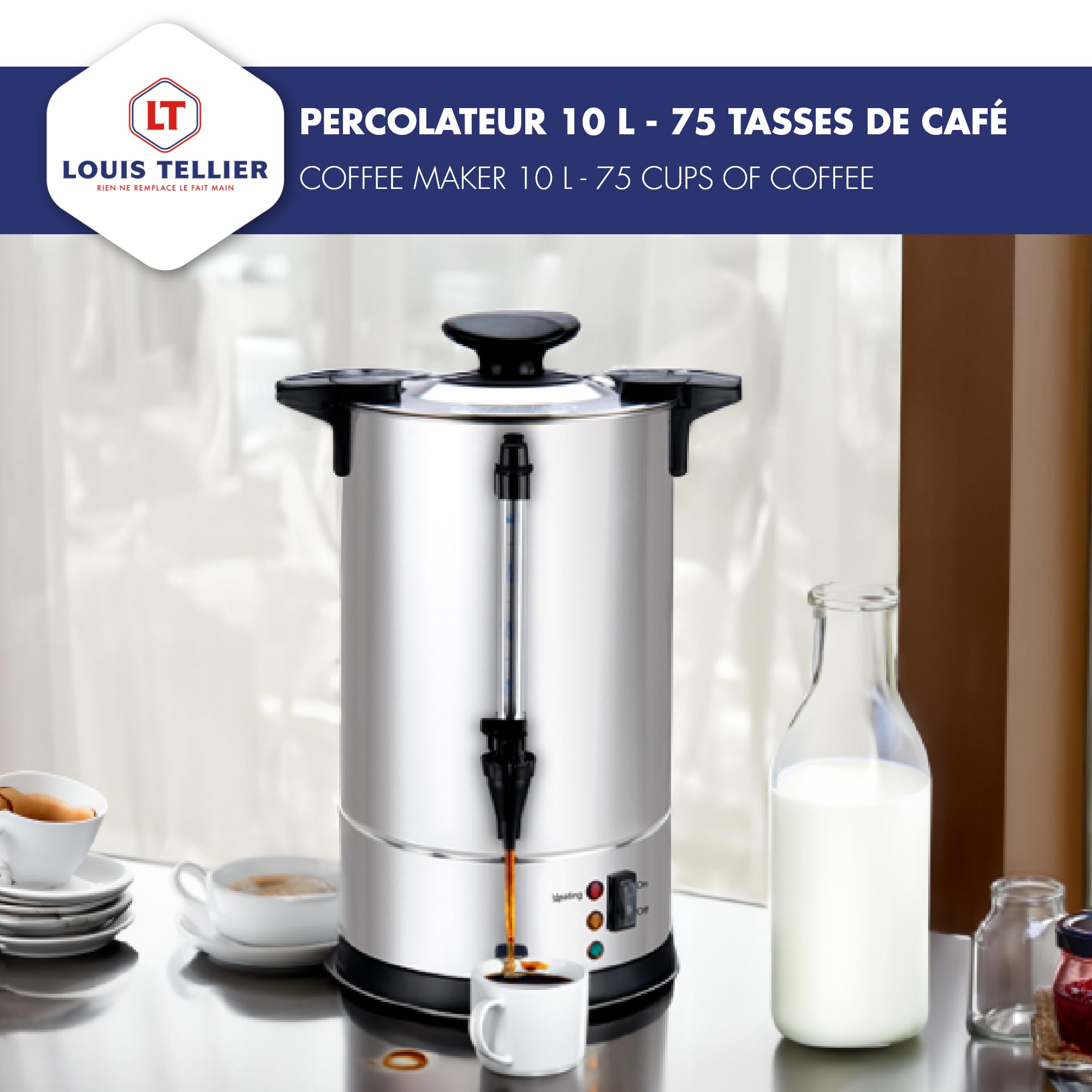 Louis Tellier - Percolateur à café professionnel - Capacité 10 L - 75 tasses - INOX - Filtre en inox - Robinet anti-gouttes