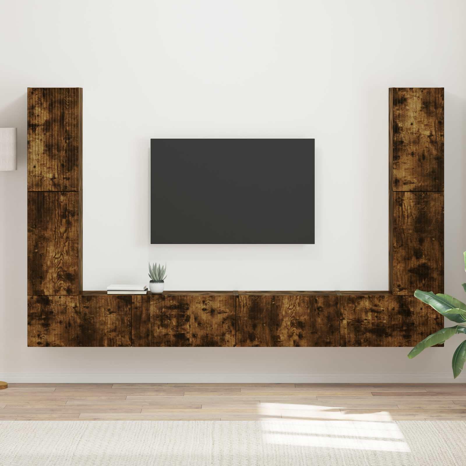 8-TLG. TV-Schrankset Wohnwand aus Holzwerkstoff, Geräucherte Eiche, Modernes Media-Center für Wohnzimmer, Wandregal-Set mit Stauraum für TV, Technik und Deko, 31x30x60cm & 60x31x29,5cm