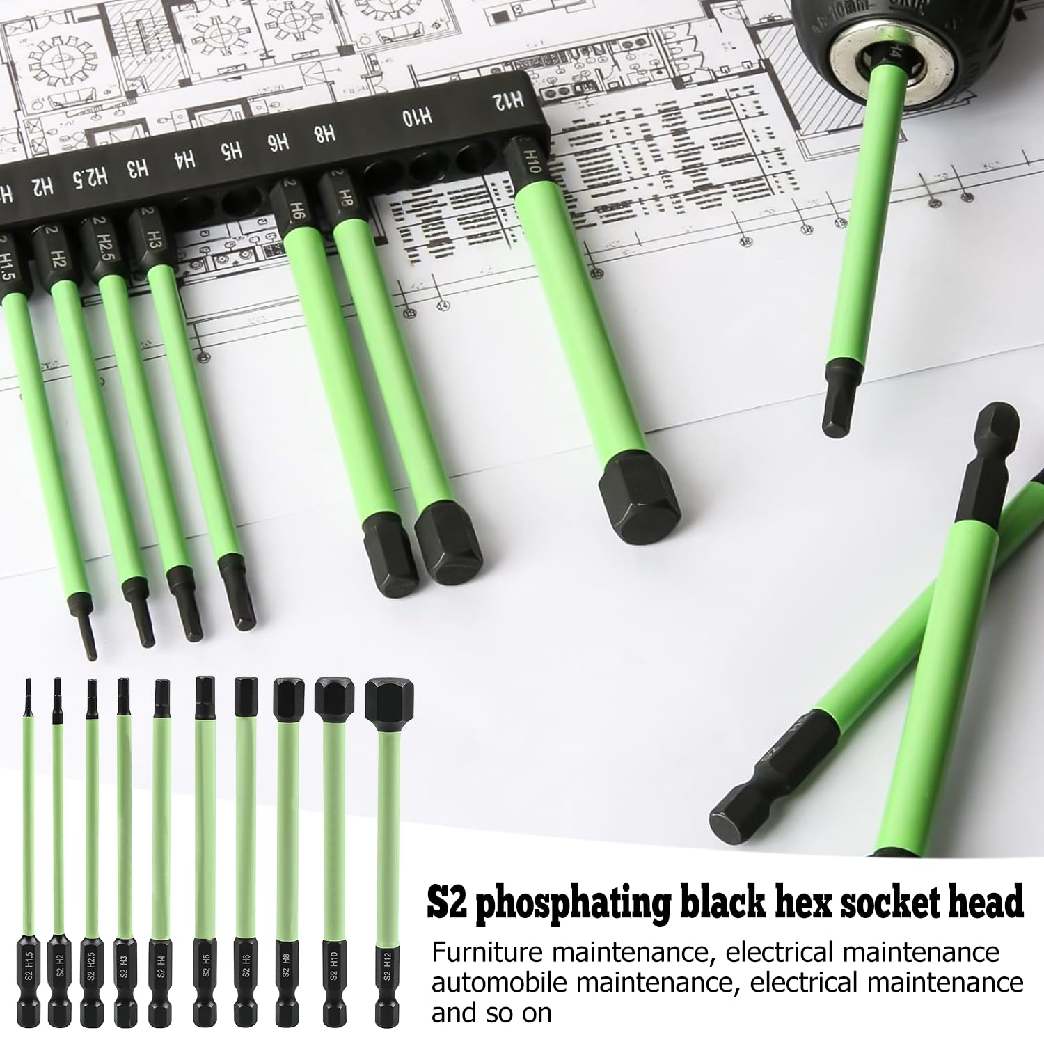 10 Stück Sechskant-Inbusschlüssel Bits – 6mm, 75mm Lang, 1/4" Schaft, S2-Stahl, Magnetisch