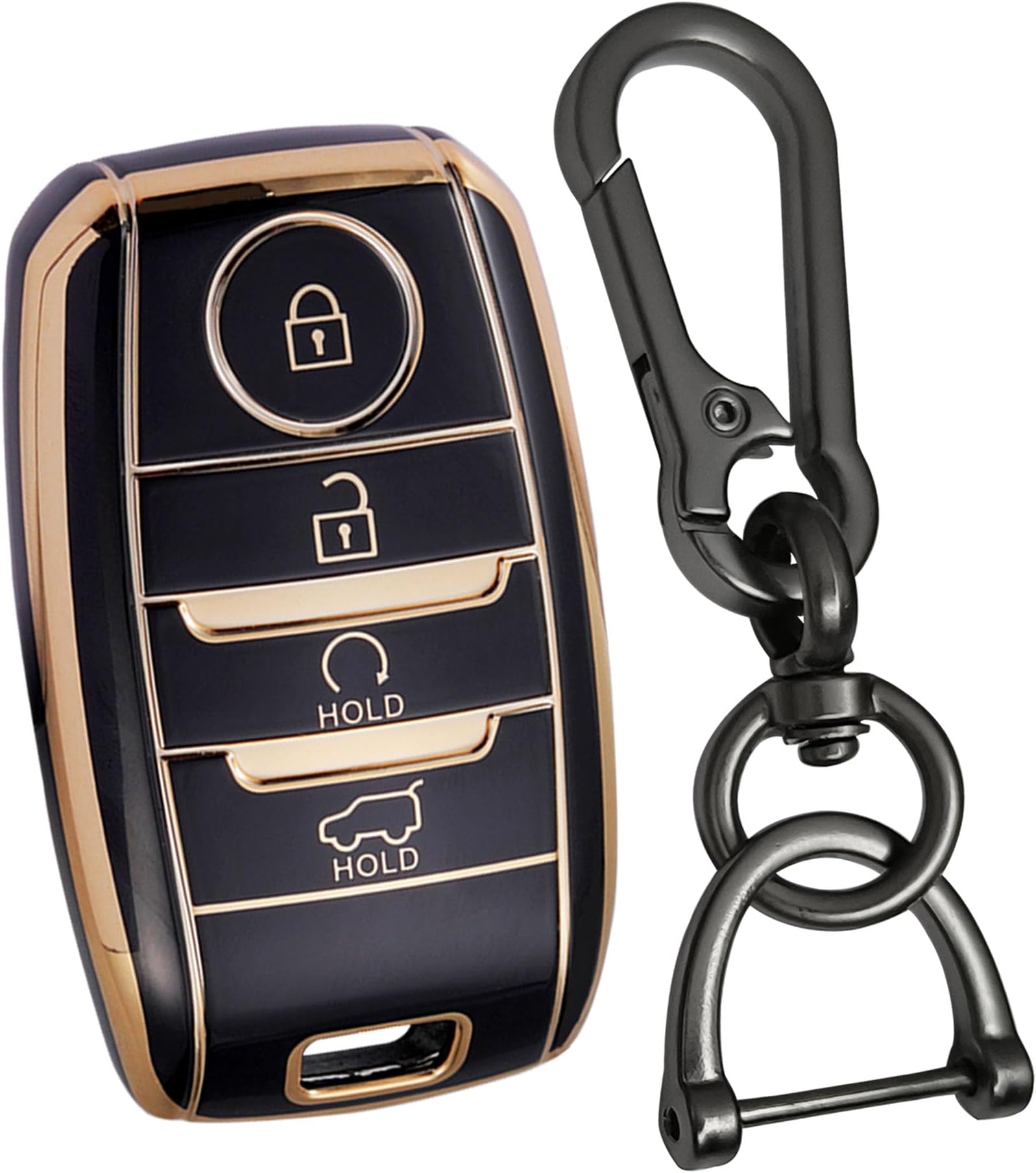 Keyceptโข Gold Line TPU Key Cover Compatible with Seltos | Sonet | Carens 4 Button Smart Key with Keychain. (Type 1, Black)