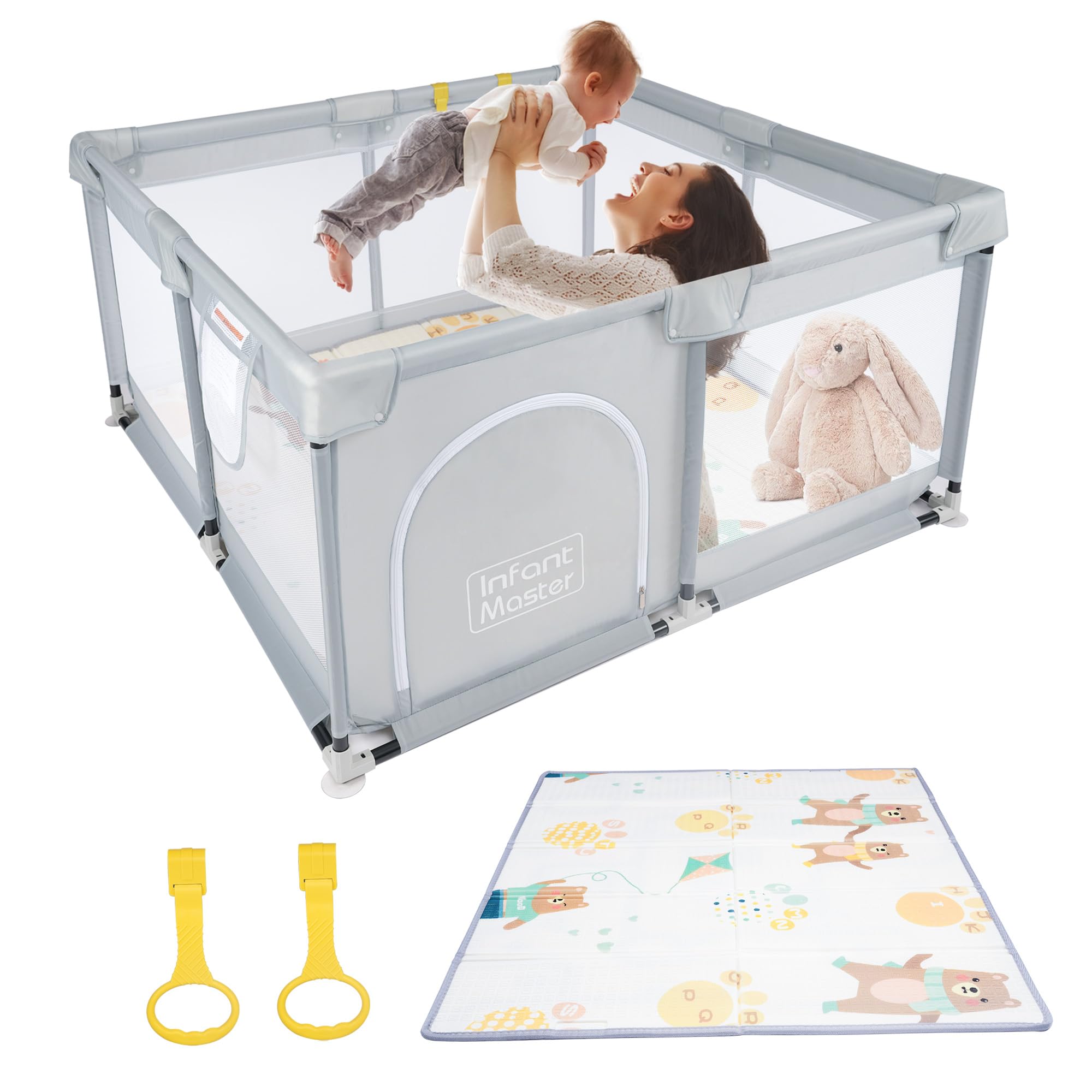 Infant Master Grey Baby & Toddler Playpen, 49''x49'', Portable with Mat & Ring, Safe Foam Cover, External Zipper, Suitable for Kids Under 3 Years