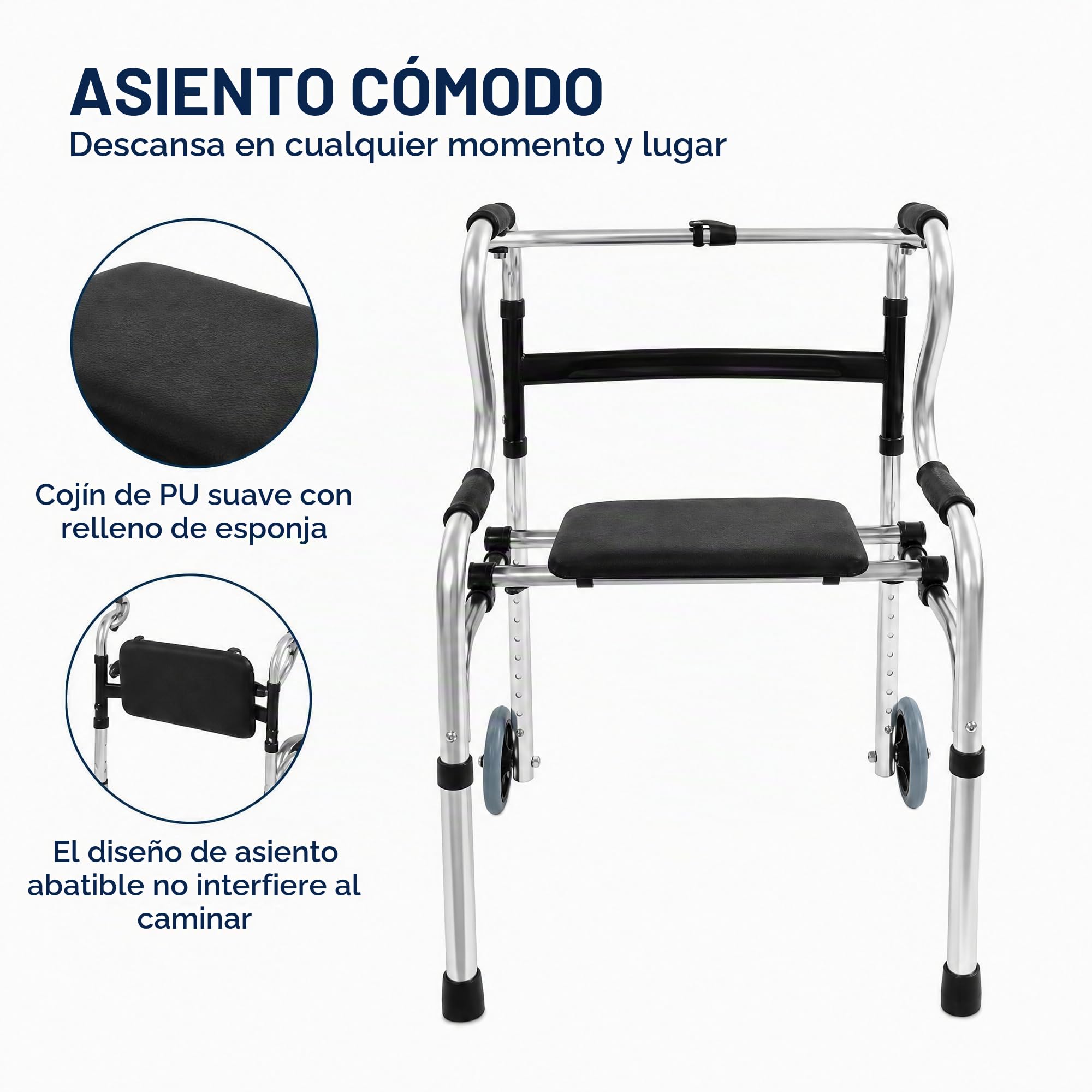 Andadores para personas mayores con asiento y ruedas, andadores plegables de aluminio ligero con una capacidad de carga de hasta 220 libras, altura regulable para ancianos, adultos discapacitados y