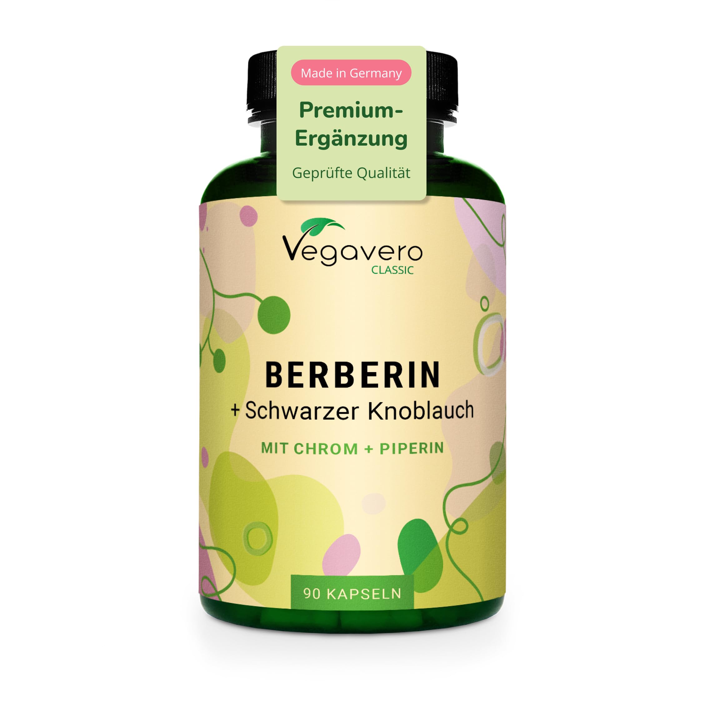 Berberin Kapseln 1000 mg | Hochdosierter Extrakt 50:1 | Chrom + Schwarzem Knoblauch + Piperin | Vegan & Ohne Zusatzstoffe | Laborgeprüft | Deutsche Produktion von Vegavero