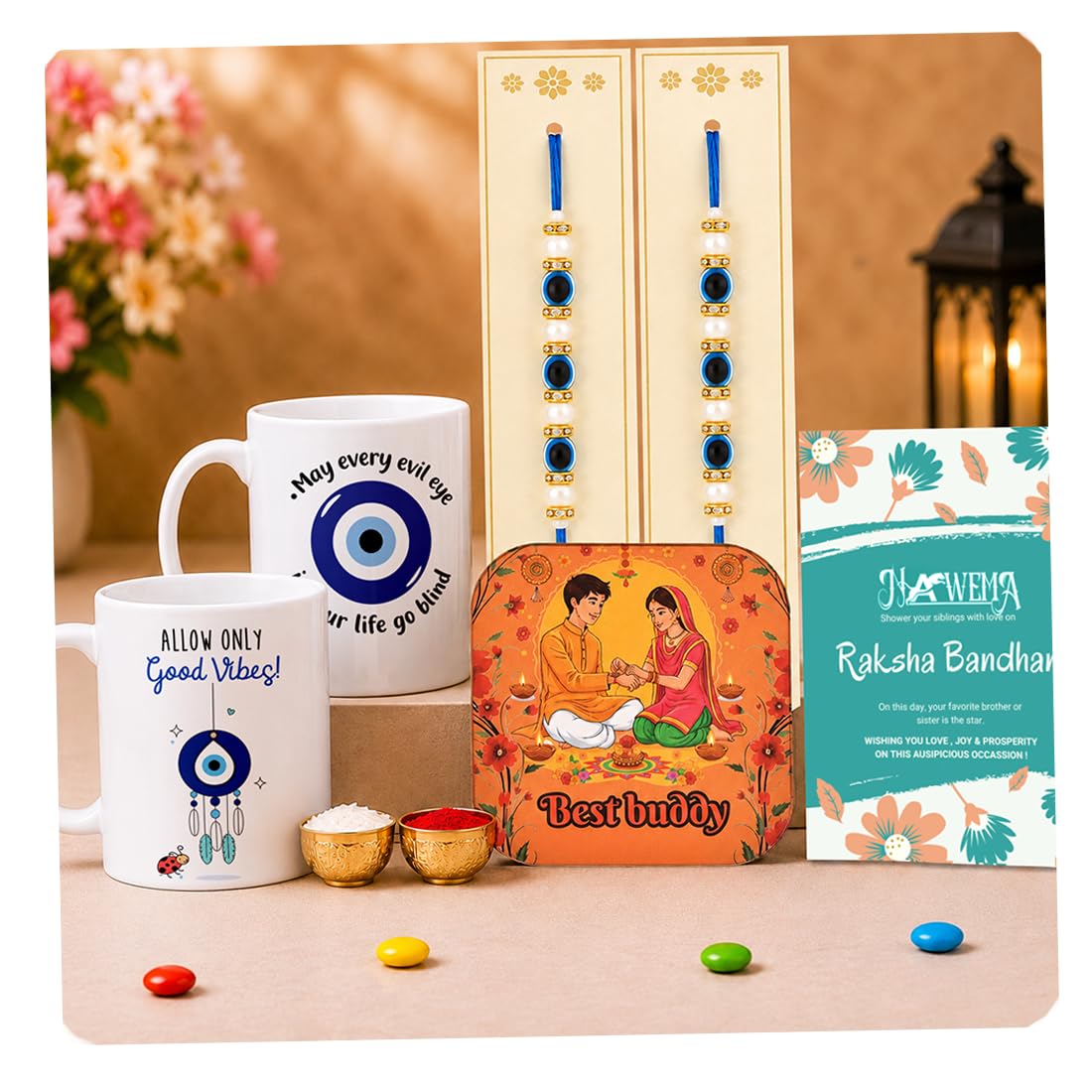 nawema Raksha Bandhan Gift Set for Brothers | 2 Big Brother & Little Brother Printed Mugs, 2 Evil Eye Rakhis, Fridge Magnet, Greeting Card & Roli Chawal-image-24