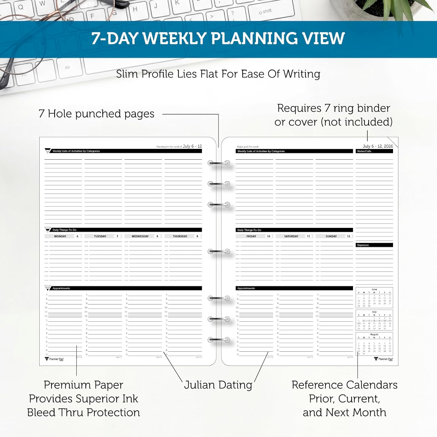 Planner Pad 7 Hole Loose Leaf July 2026 – June 2027 / Academic Year 8 1/2" x 11” 3-Tier Funnel Down 12 Month Large Size Organizer, Black Ink