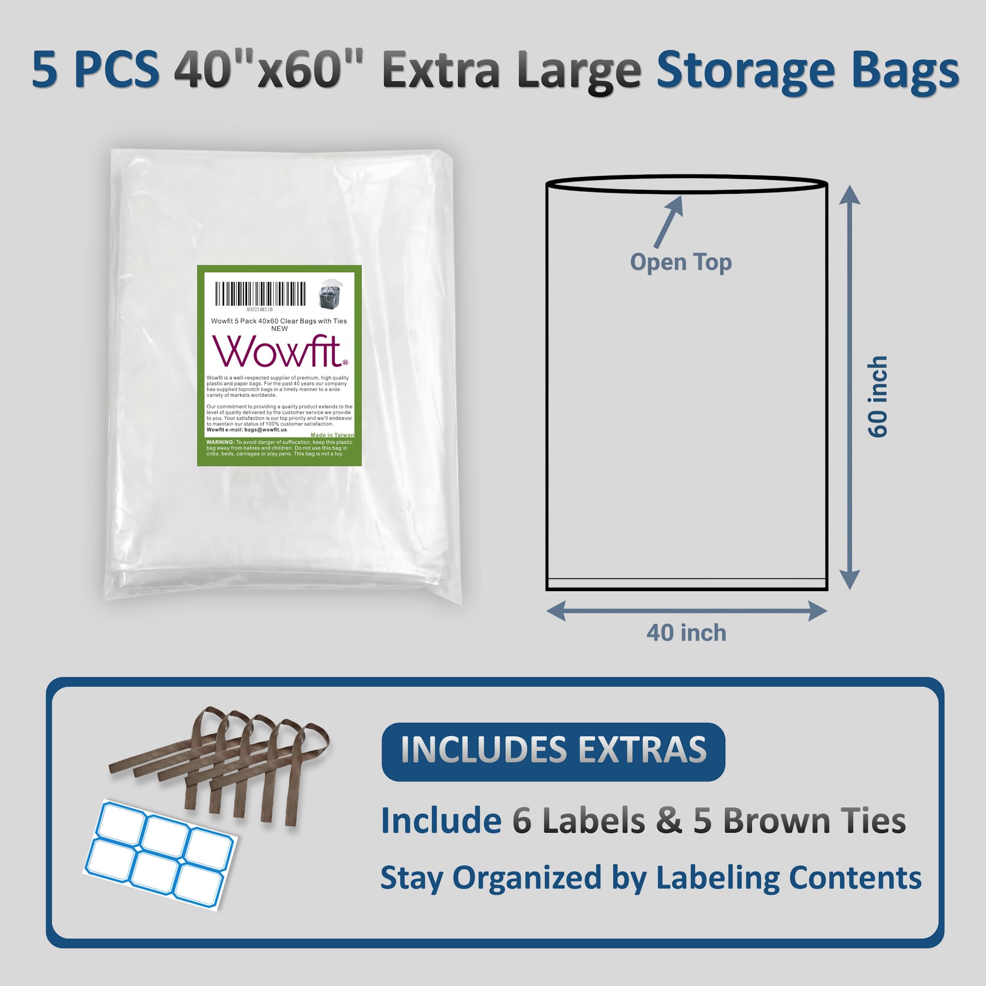 Wowfit - Bolsas de plástico transparente de 5 quilates, 40 x 60 pulgadas, 2 mil, ideales para almacenamiento, embalaje y más (40 x 60 pulgadas)