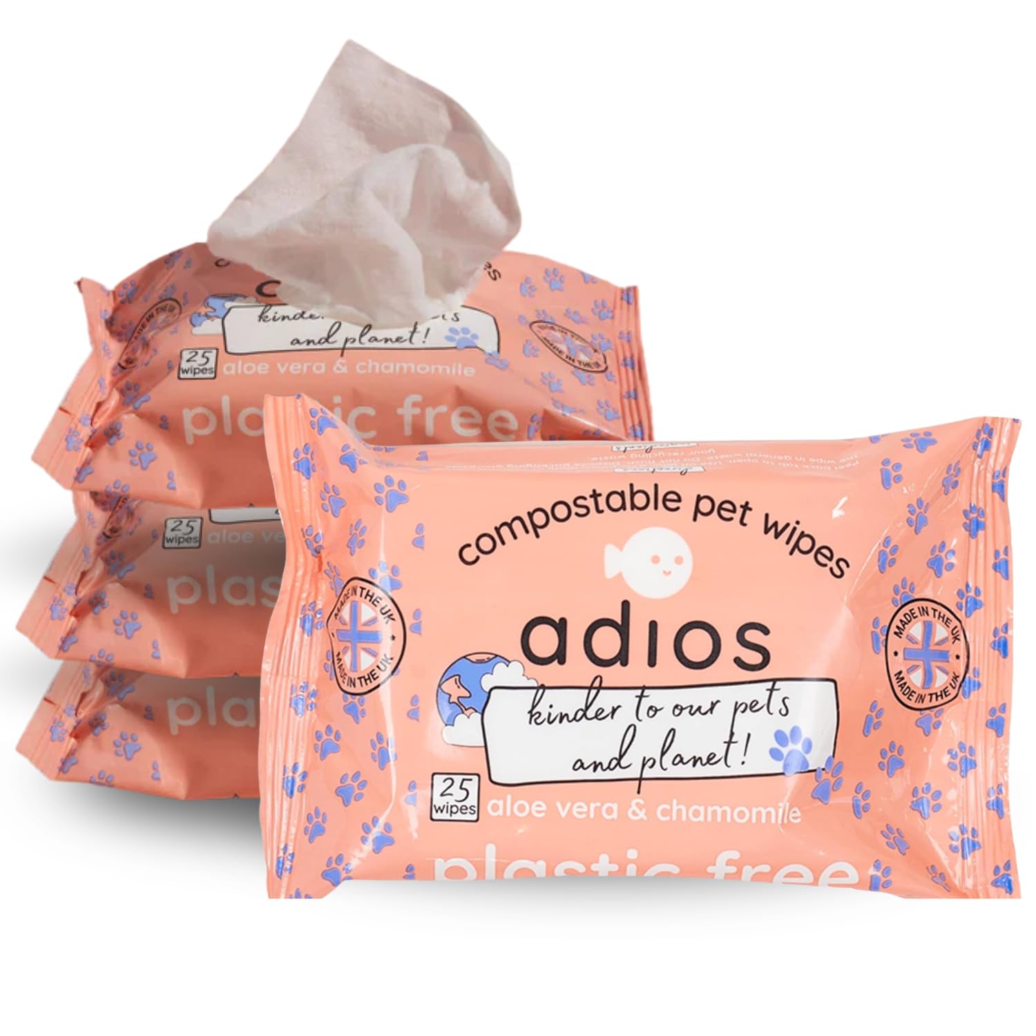 Adios - Compostable Grooming Wipes for Dogs, 100 Count (4x25) - Plant-Based Pet Wipes with Aloe Vera and Chamomile - Hypoallergenic, Plastic-Free, Certified Compostable - Made in the UK
