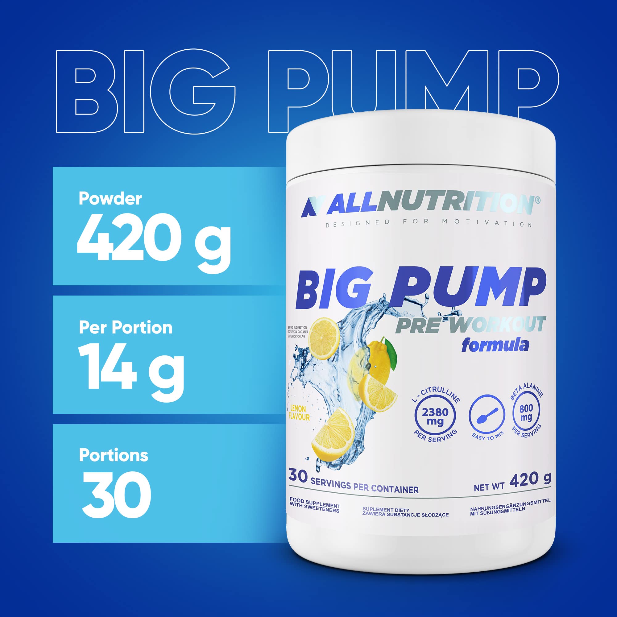 ALLNUTRITION Big Pump Odżywka dla Sportowców w Proszku - Przedtreningówka - Suplement z L-Cytruliną, L-Argininą, Tauryną, Beta Alaniną - Bez Stymulantów - 420g - Cytryna