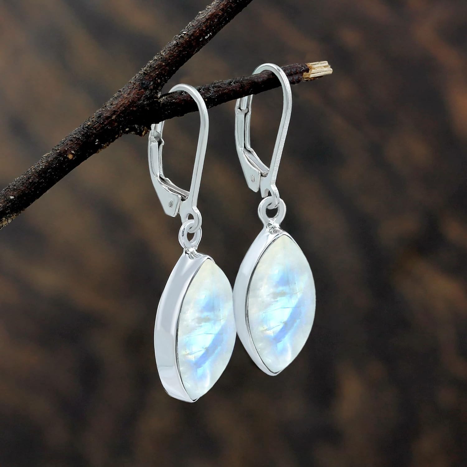 Natural Moonstone/Labradorite/Amethyst/lapis Marquise Shape Dangle Earrings - 925 Sterling Silver Plated Leverback Birthstone Handmade Jewelry Earrings for Women