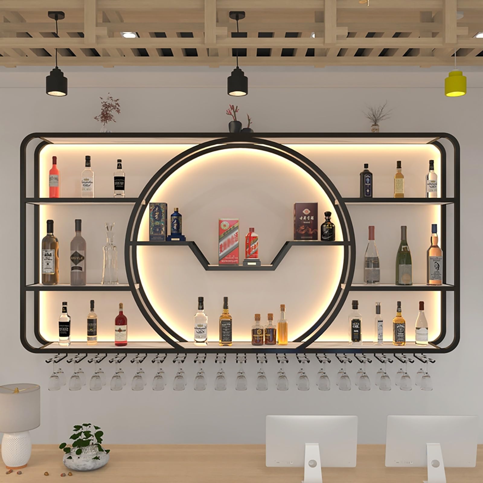 AYCDL Rack Wall Mounted With Glass Holder, Bar Shelf, Floating Shelves, LED Lights, Liquor Bottle Display, Hanging Storage Racks - Kitchen Cellar Organizer,Black-160X20X100cm