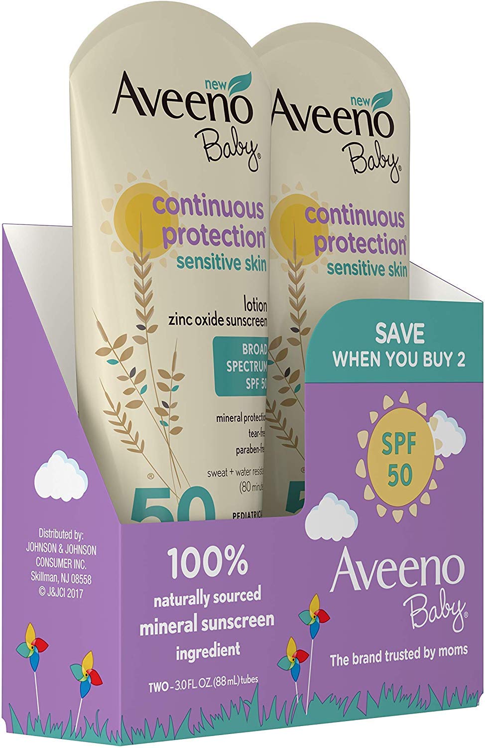 Aveeno Baby SPF#50 Continuous Protect Lotion Sensitive 3 Ounce (88ml) (Pack of 2)