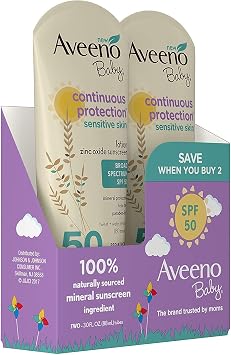 Aveeno Baby SPF#50 Continuous Protect Lotion Sensitive 3 Ounce (88ml) (Pack of 2)