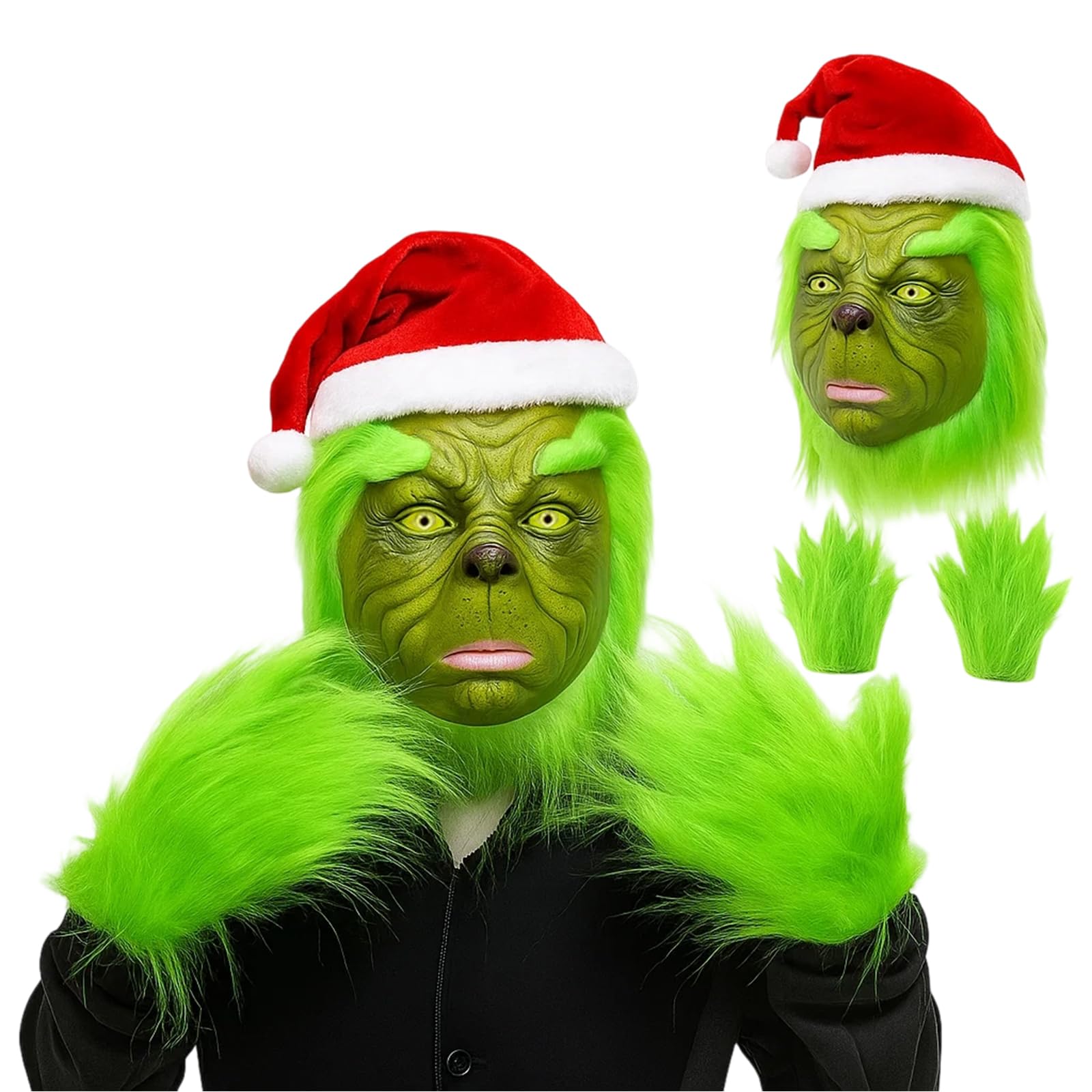 DXPETA 3 PCS Green Monster Mask and Gloves Hat, Realistic Big Monster, Furry Scary Monster Costume Props Latex Full Head Cosplay Headpiece with Santa Hat Wig for Women Men