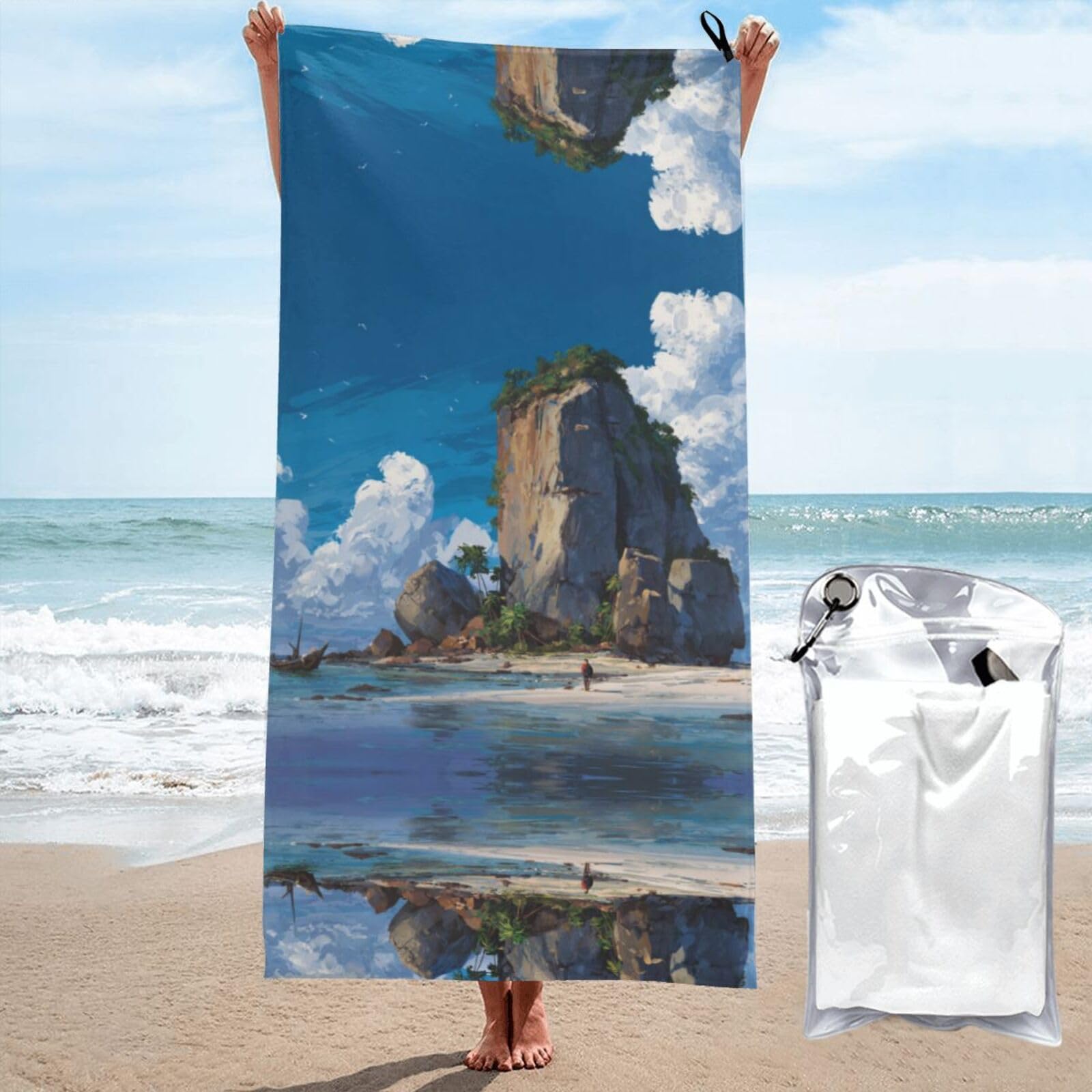 ESNAIUVCD Island Scenery Print Beach Towel, Microfibre Sauna Towel, Quick-Drying Fitness Towel, Lightweight And Thin Portable Sauna Towel