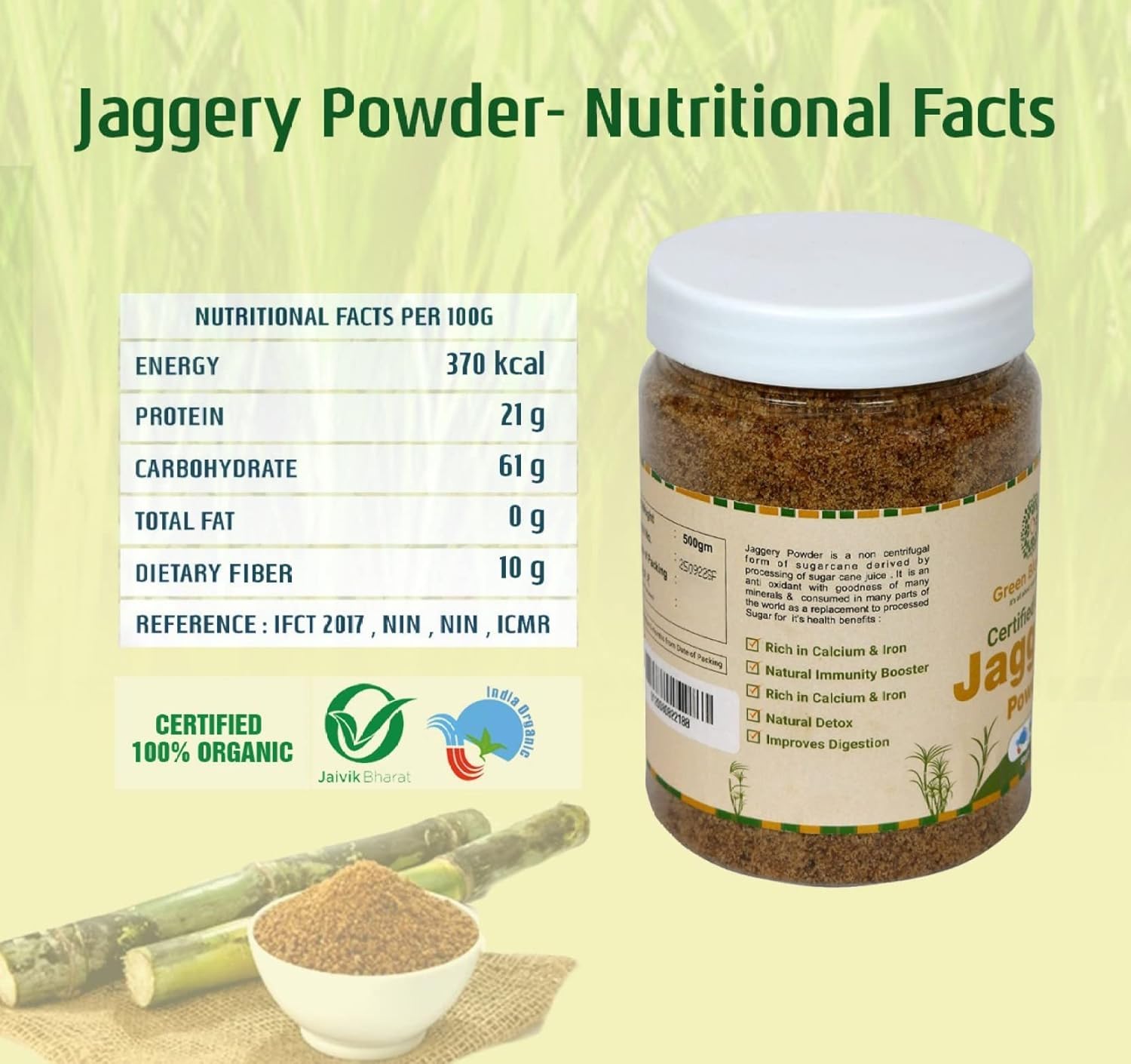 Green Blossom Organic Jaggery Powder | Gur | Gud | Bura - Pure & Natural, Chemical-Free, Pesticide-Free Indian Sweetener | Sugarcane Jaggery for Healthy Living | Family Pack - 500g (Pack of 2) 2