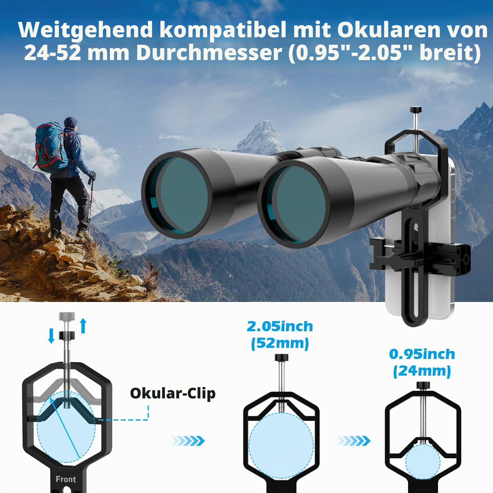 Spektiv Handy Adapter - Telefon-Zielfernrohrhalterung für Telefon (53mm to 90mm) Telefonhalterung für Teleskop, Fernglas, Mikroskop, für Okulare mit einem Durchmesser von (24mm to 52mm)