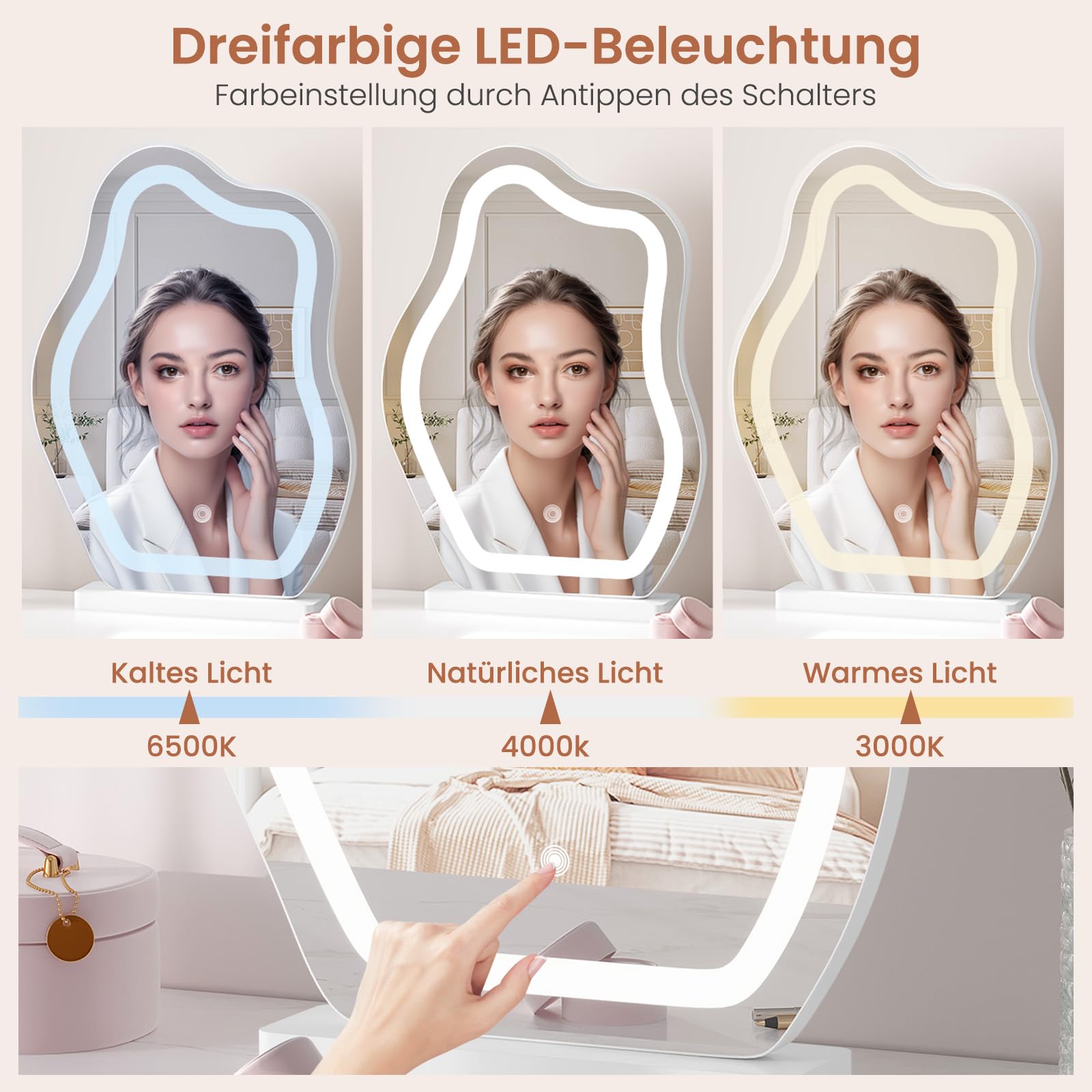 WOLTU Spiegel Schminktisch mit Beleuchtung, 3 Lichtfarben, unregelmäßiger Schminkspiegel in Wolkenform, moderner Kosmetikspiegel, Tischspiegel für Schminktisch und Schlafzimmer, 39 × 53 cm, Weiß