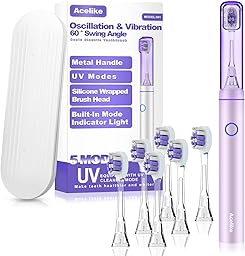 Metal Electric Toothbrush with UV Mode, Vibration and Oscillation Electric Toothbrush for Adults, 6 Brush Heads & Travel Case & Dust Cover, 5 Modes & Built in Timer, One Charge Last 120 Day(Rose)