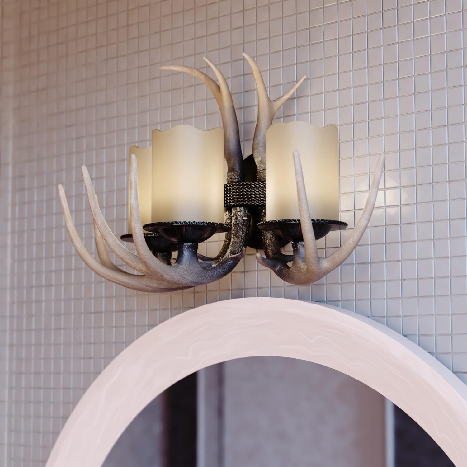 VAXCEL Yoho 3-Light 27.75 inch Wide Black Walnut Rustic Antler Cabin Bathroom Vanity Lighting Fixture, Creme Cognac Glass Shade, Dimmable, LED Compatible, Over the Mirror Mounted Wall Sconce