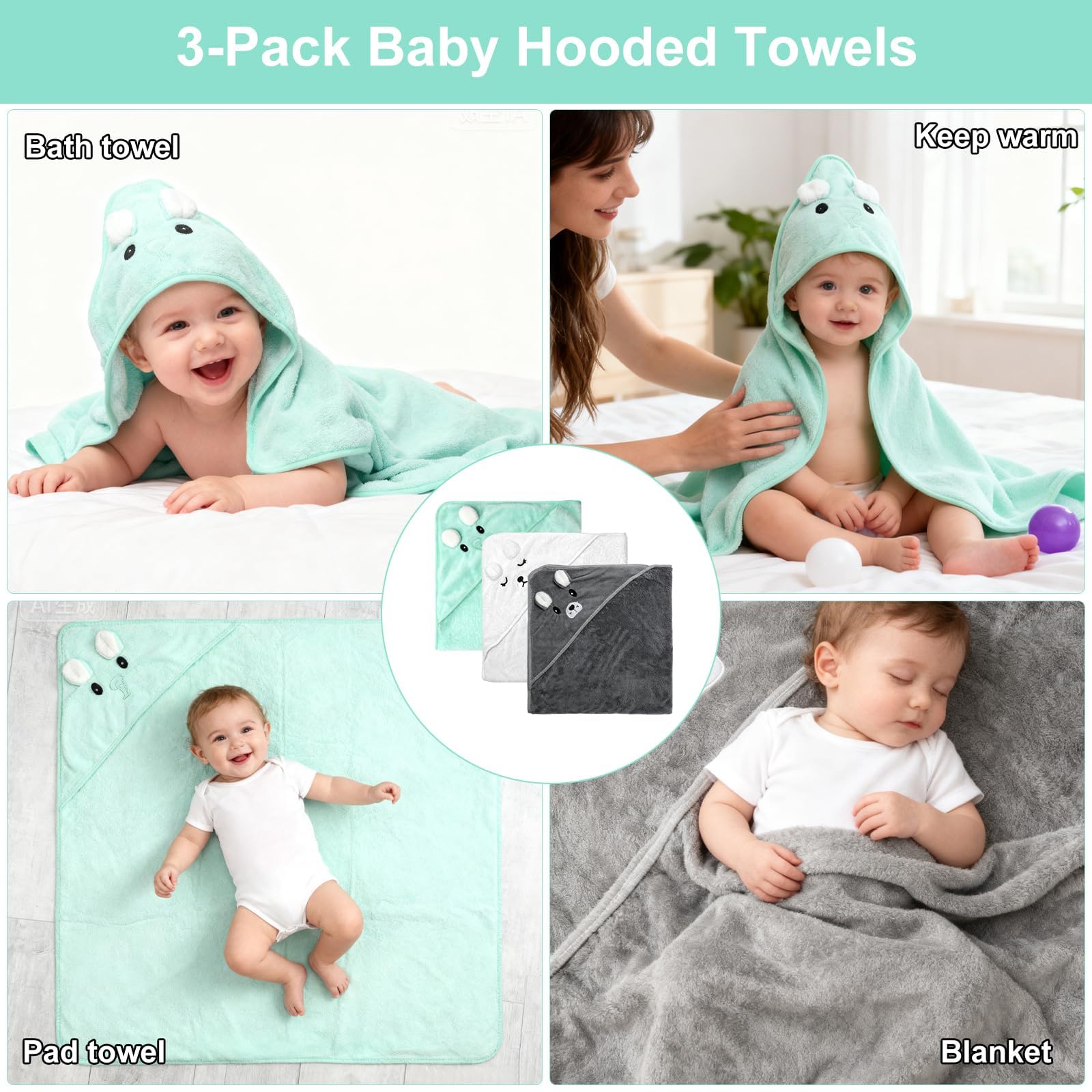 Lot de 3 serviettes à capuche pour bébé, 80 x 80 cm, serviette à capuche, serviette de bain pour bébé, serviette de bain pour bébé, serviette de bain à capuche, serviettes pour bébé