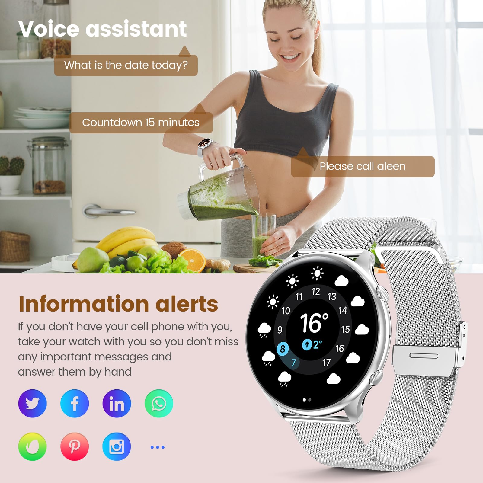 Smartwatch damski z funkcją telefonu, ekran dotykowy TFT HD 1,39", wodoszczelność IP67, 120 Sport SpO2, pulsometr, cykl menstruacyjny, monitor snu, zegarek na rękę do iOS Android, srebrny