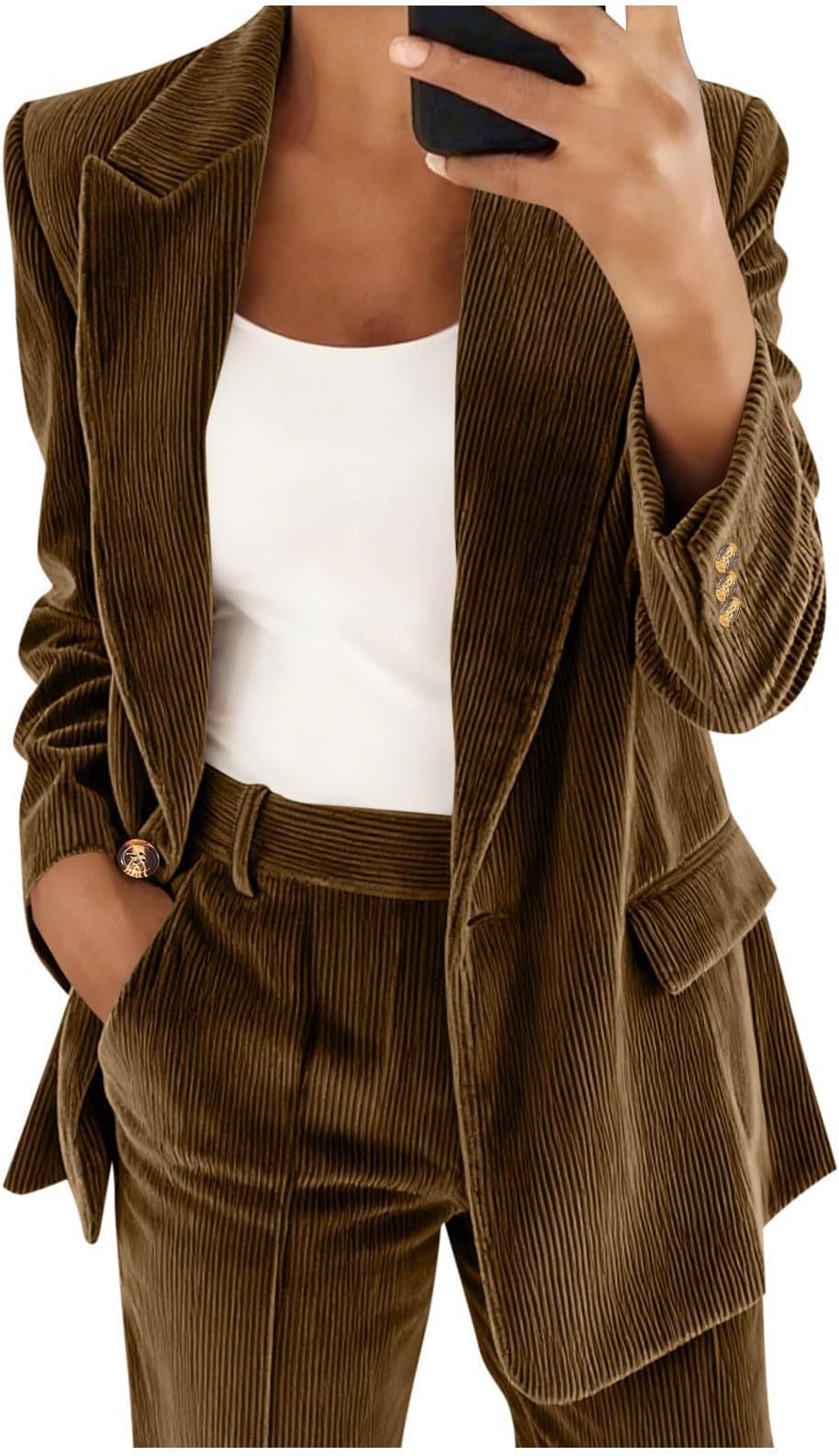 Corduroy Blazers for Women Business Casual Outfits - Long Sleeve Notched Lapel Collar Casual Work Office Suit Jackets