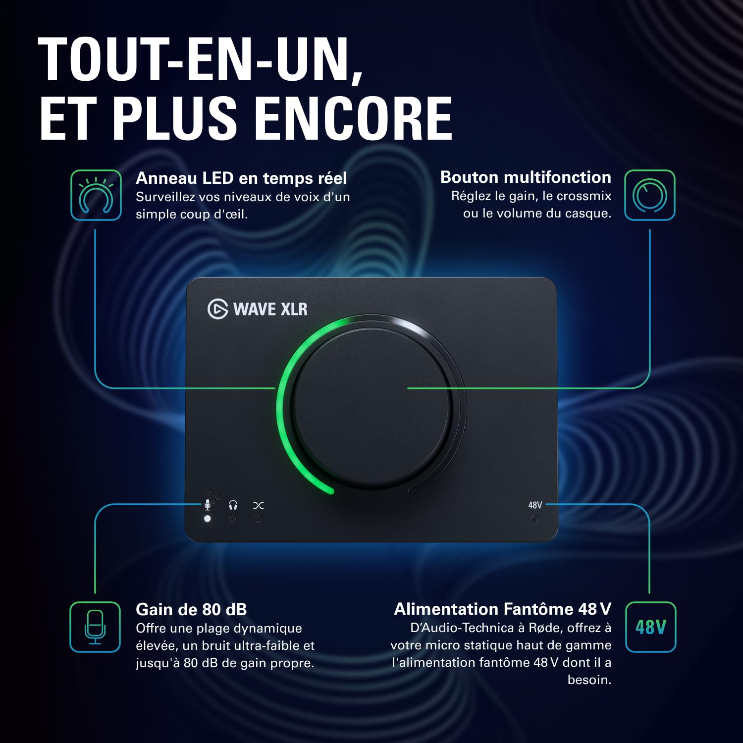 Elgato Wave XLR MK.2 – Interface audio USB | Table de mixage DSP pour micros XLR, gain 80 dB, effets intégrés, feedback LED, Touch Mute, Stream Deck, PC/Mac