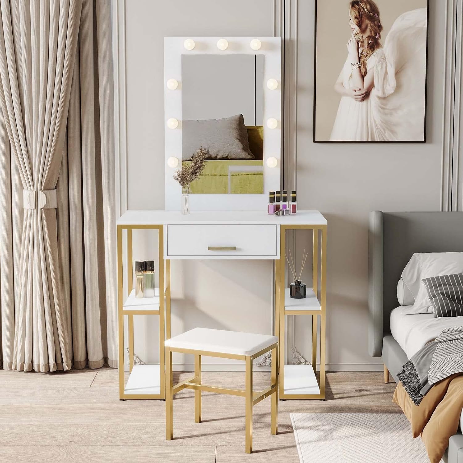 Amazon.com: Modern Vanity Table Set with Make Up 9 LED Lights Mirror