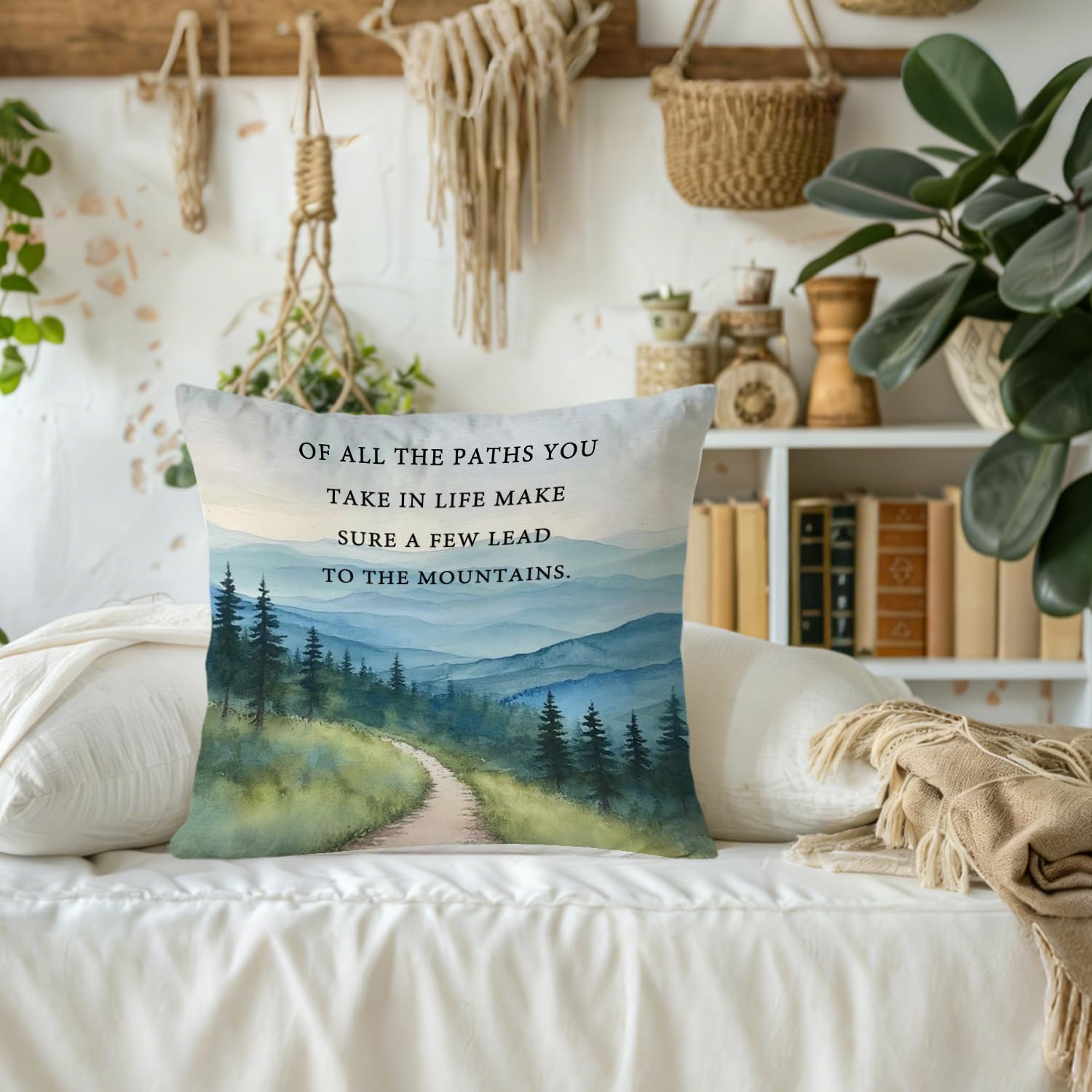 Watercolour Mountain Nature Forest Inspirational Pillow Covers 18x18, Rustic Of All the Paths You Take in Life Decorative Throw Pillow Covers for Home Bedroom Living Room - Image 4