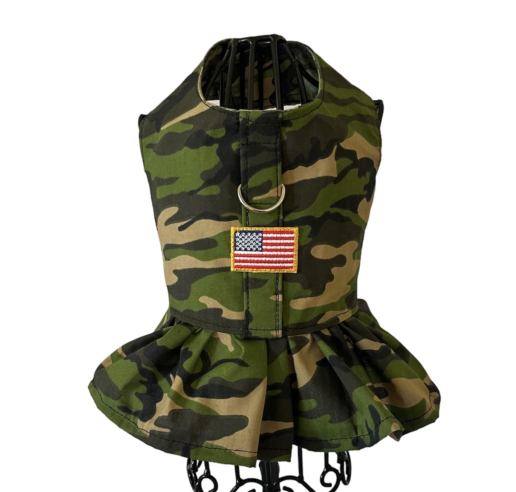Camouflage Dog Dress with American Flag. Handmade. Multiple Sizes (M)
