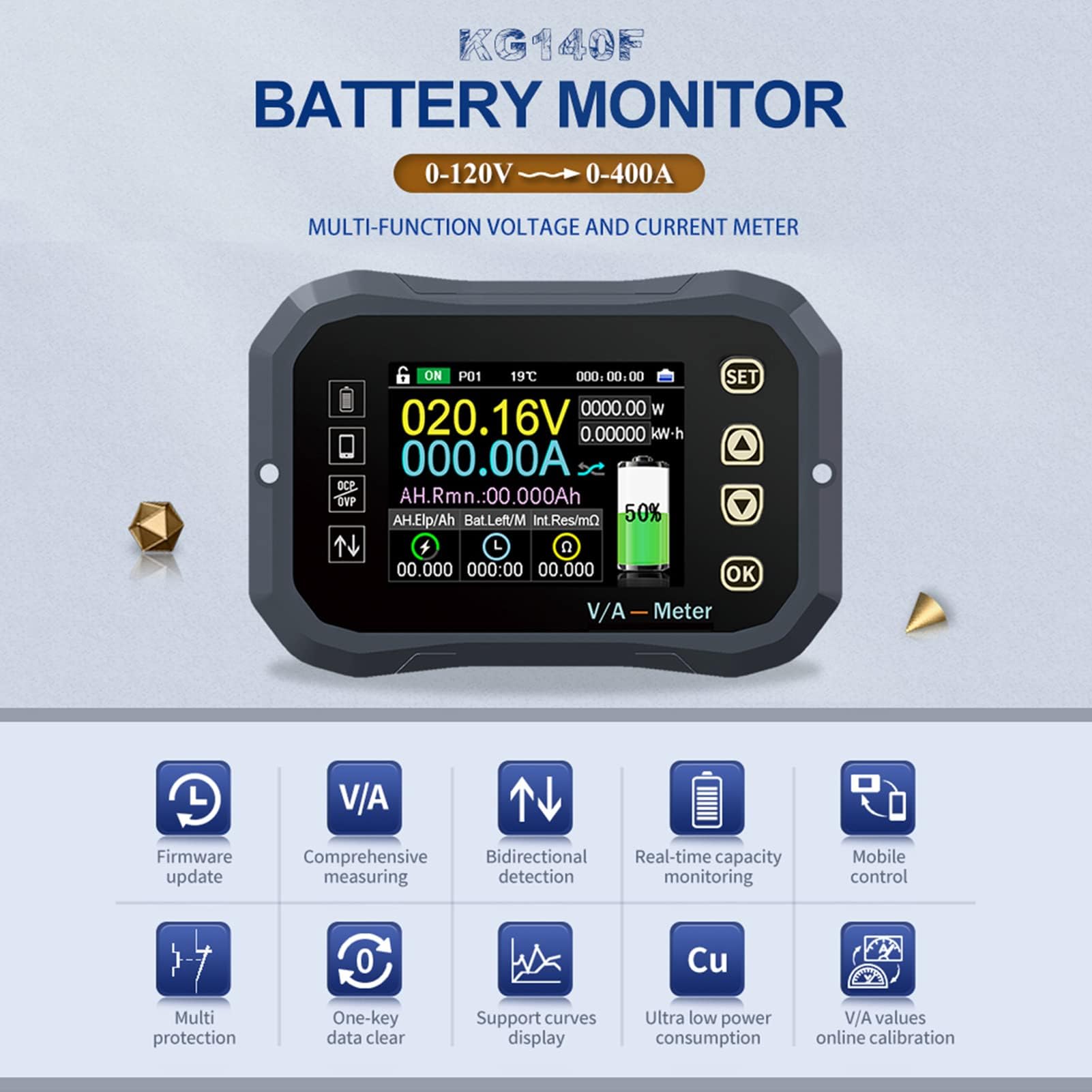 Monitor de Batería, 0-120 V KG-F Bluetooth Inalámbrico Hierro Litio Batería Medidor Capacidad/Coulomb Medidor/Amperímetro/Voltimetro para Caravanas, Autocaravanas, Control Móvil (0-400 A)