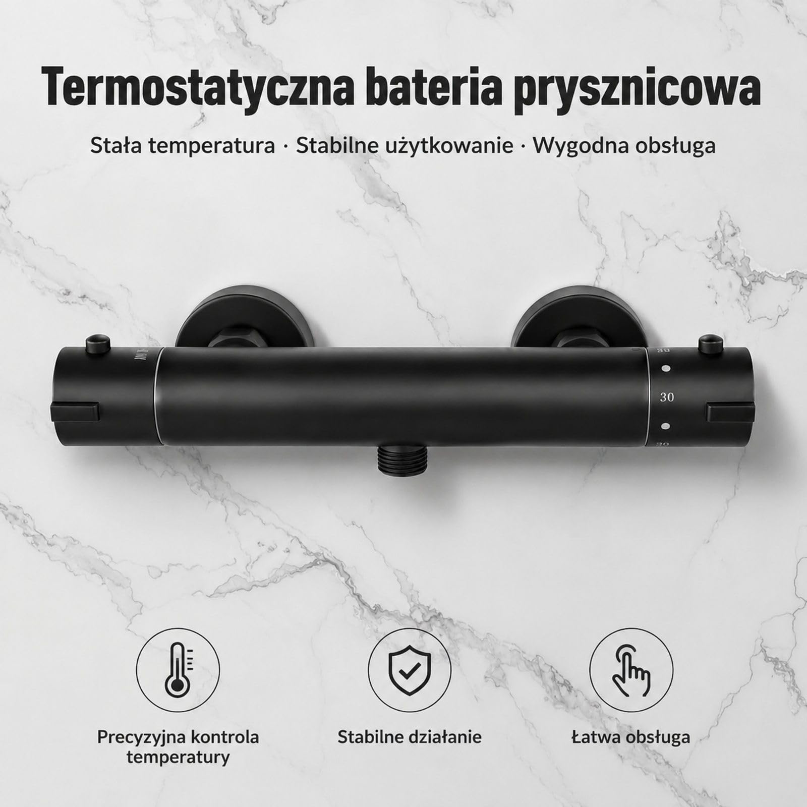 Termostatyczna bateria prysznicowa z mosiądzu w matowej czerni, montaż ścienny do łazienki, kampera i hotelu