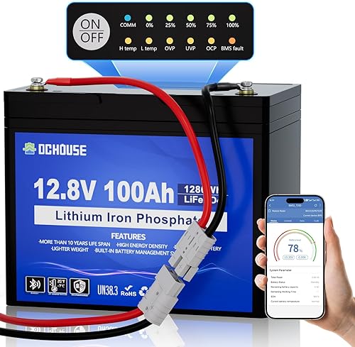 DC HOUSE Kit de batería de motor de arrastre de 12 V 100 Ah con indicadores de estado SOC y conector de conexióndesconexión rápida de 50 A,