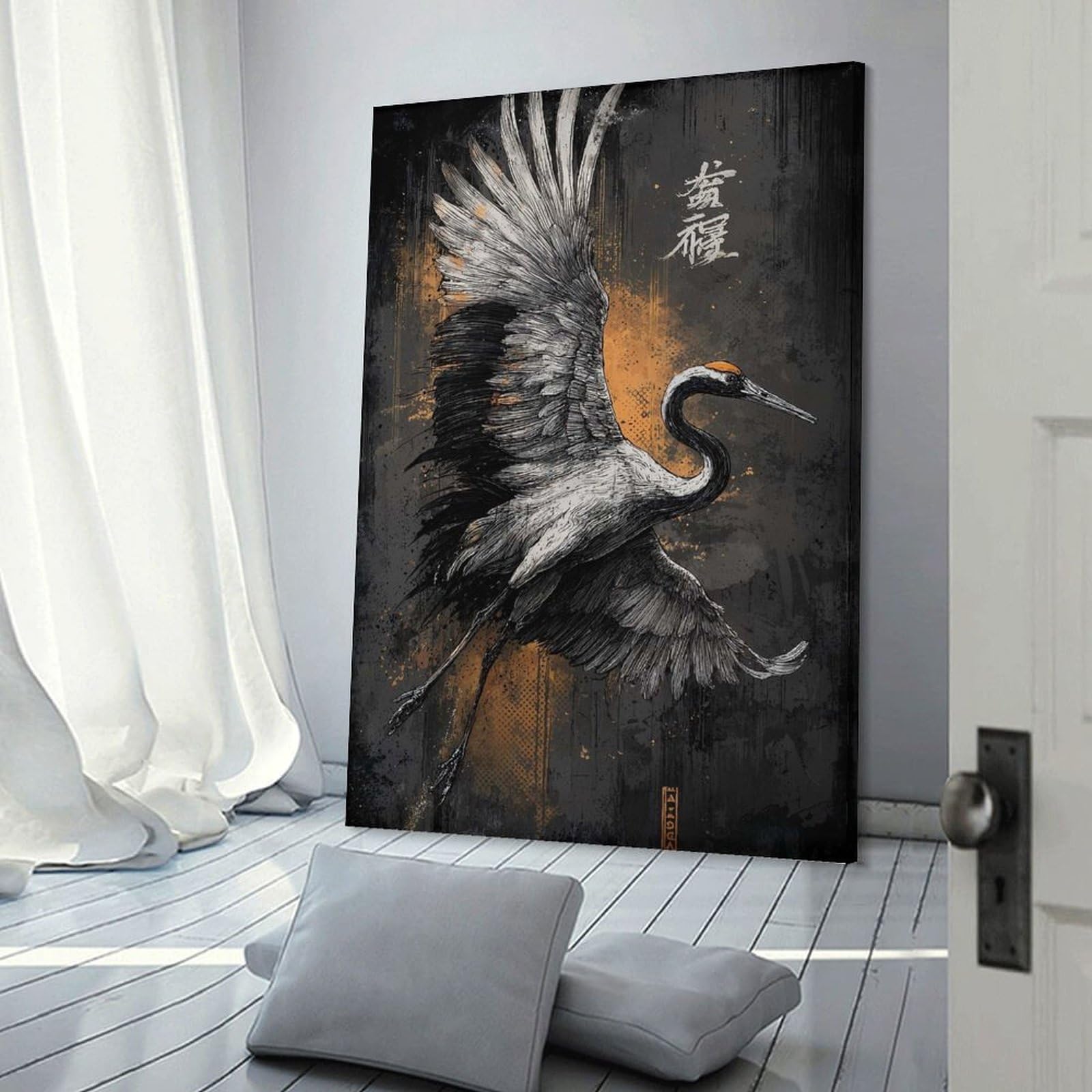Junmoney Frame-Style-7 Home Decor Wall Art Crane In Flight, 24X36inch(60X90cm), For Bedroom Decor, Cosy Corners Or Studios, Decorative Wall Art For Cosy Rooms