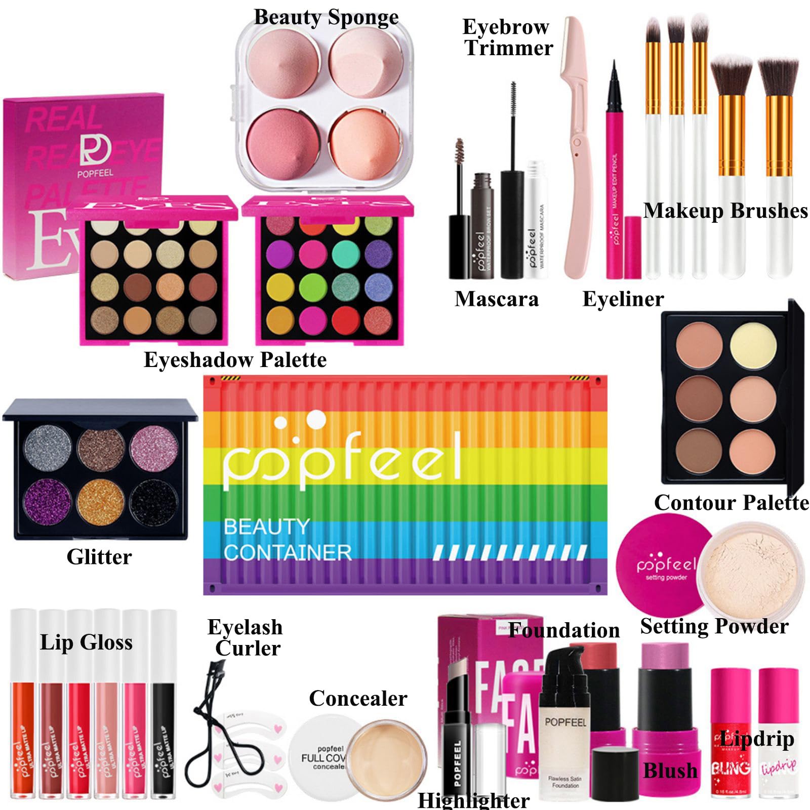Kit de Maquillaje Todo en Uno, All in One Makeup Set para Mujeres con Base, Sombra de Ojos, Delineador, Rímel, Labial, Corrector, etc, Kit Completo de Cosméticos para Principiantes con Estuche