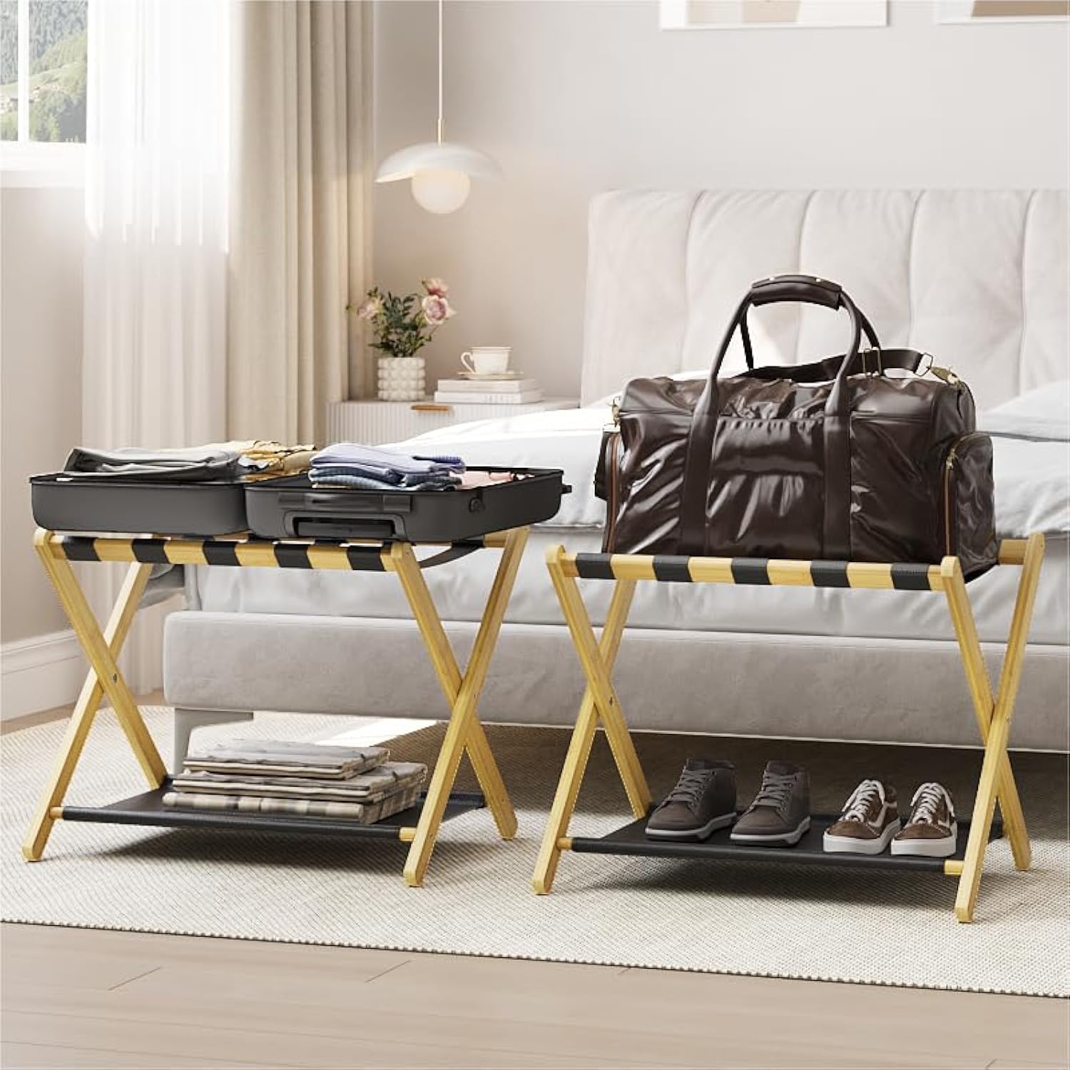 2 Pack Luggage Rack, Folding Luggage Rack for Guest Room, Bamboo Suitcase Stand Holds up to 131 lb, Luggage Stand with Storage Shelf for Hotel, Bedroom natural wood(2pc)