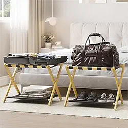 Smart FENDEE Pacote Com 2 Porta-Bagagens, Porta-Bagagens Dobrável Para Quarto De Hóspedes, Suporte De Mala De Bambu Suporta Até 131 Lb, Suporte De Bagagem Com Prateleira De Armazenamento Para Hotel,