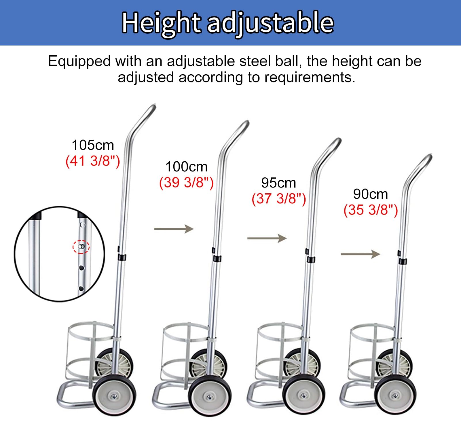 Soporte para tanque de oxígeno de aluminio móvil, carrito de tanque de oxígeno de altura ajustable para laboratorio de hospital, carrito de gas duradero (diámetro de 14,6 cm