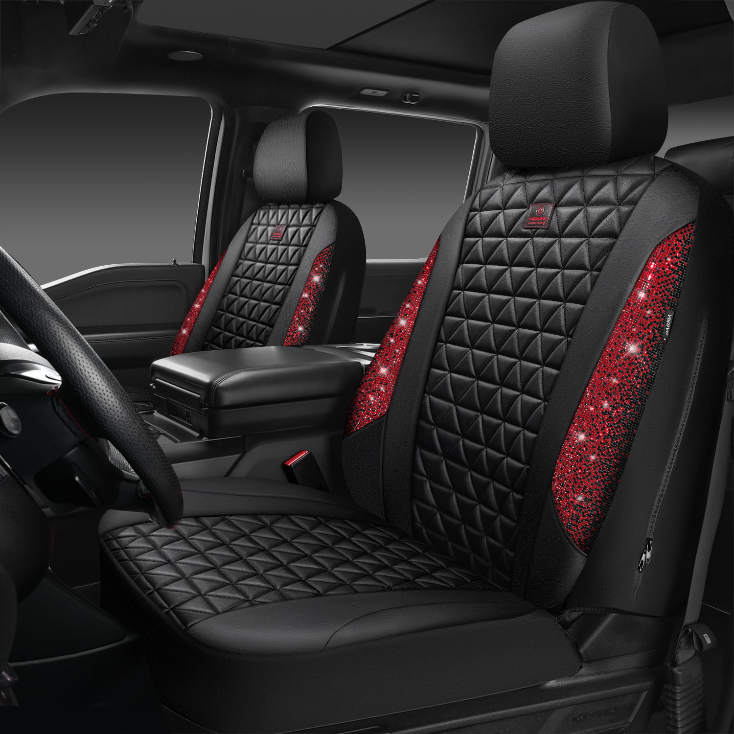 CAR PASS Bling Diamond Autositzbezüge aus Leder, für 2 Vordersitze, wasserdicht, glänzend, glitzernd, glitzernd, Kristall, universelle Armlehne, passend für Auto, LKW, SUV, niedlich, Damen, Mädchen,