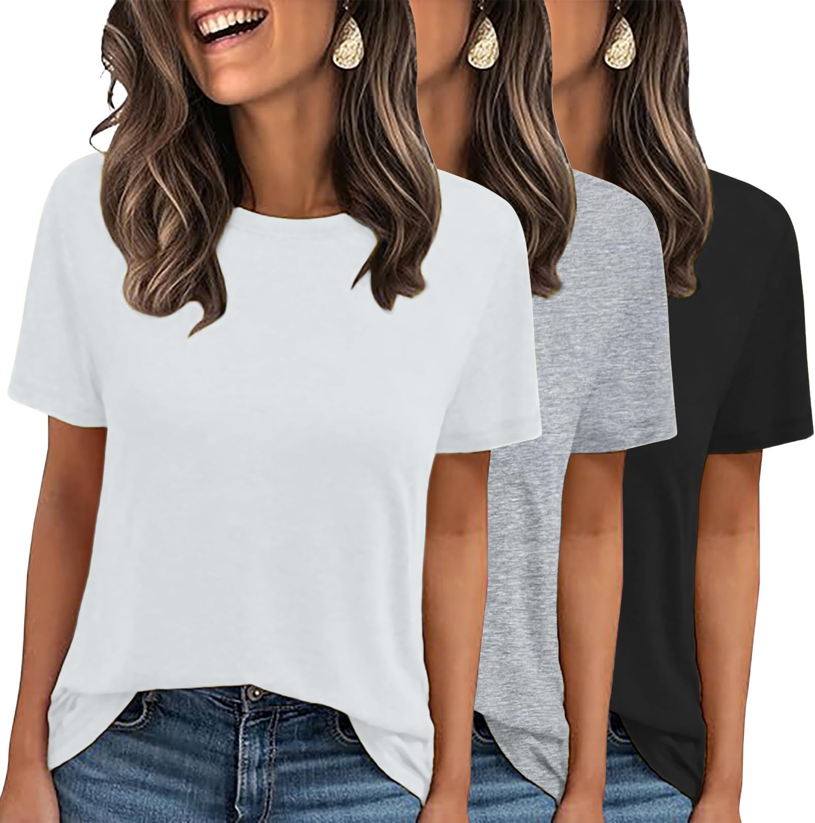 3 Pack Womens Basic T Shirts Summer Tops 2026 Short Sleeve Tees Comfy Casual Vacation Clothes